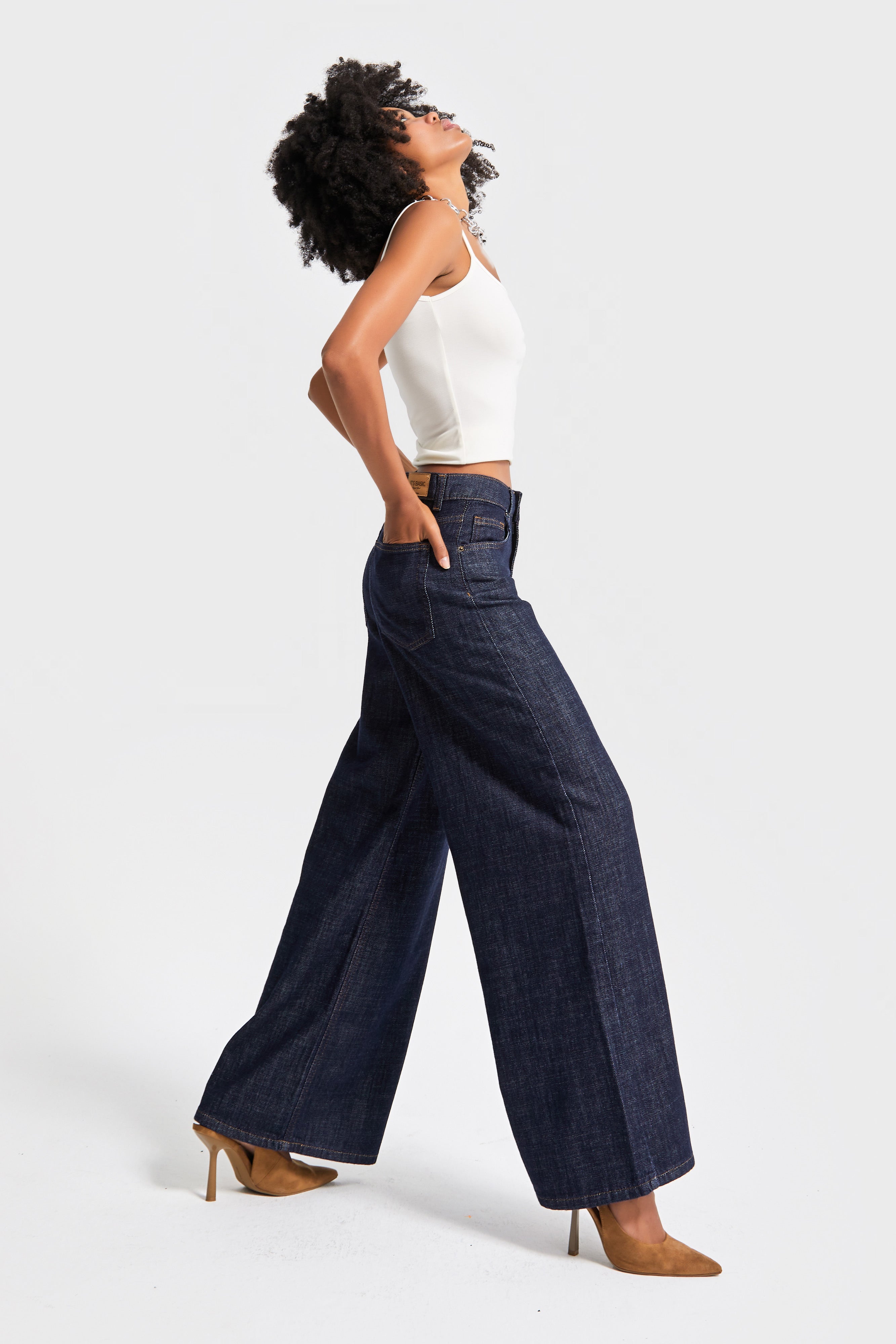 Kadın İndigo Renk 7w5-50 Palazzo Fit %100 Koton Dökümlü Kumaş Denim Jean