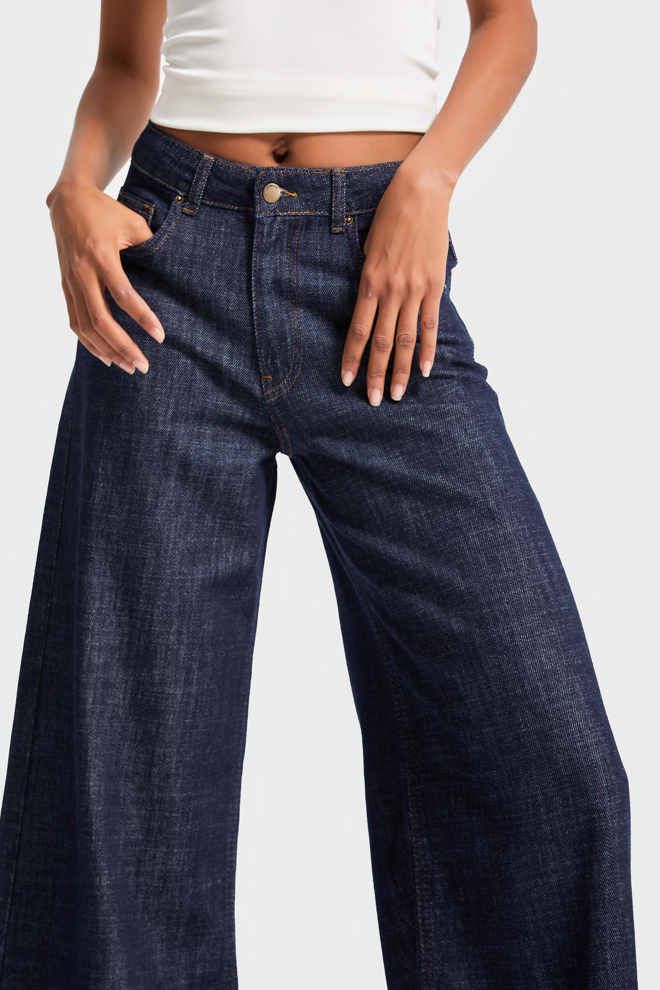 Kadın İndigo Renk 7w5-50 Palazzo Fit %100 Koton Dökümlü Kumaş Denim Jean