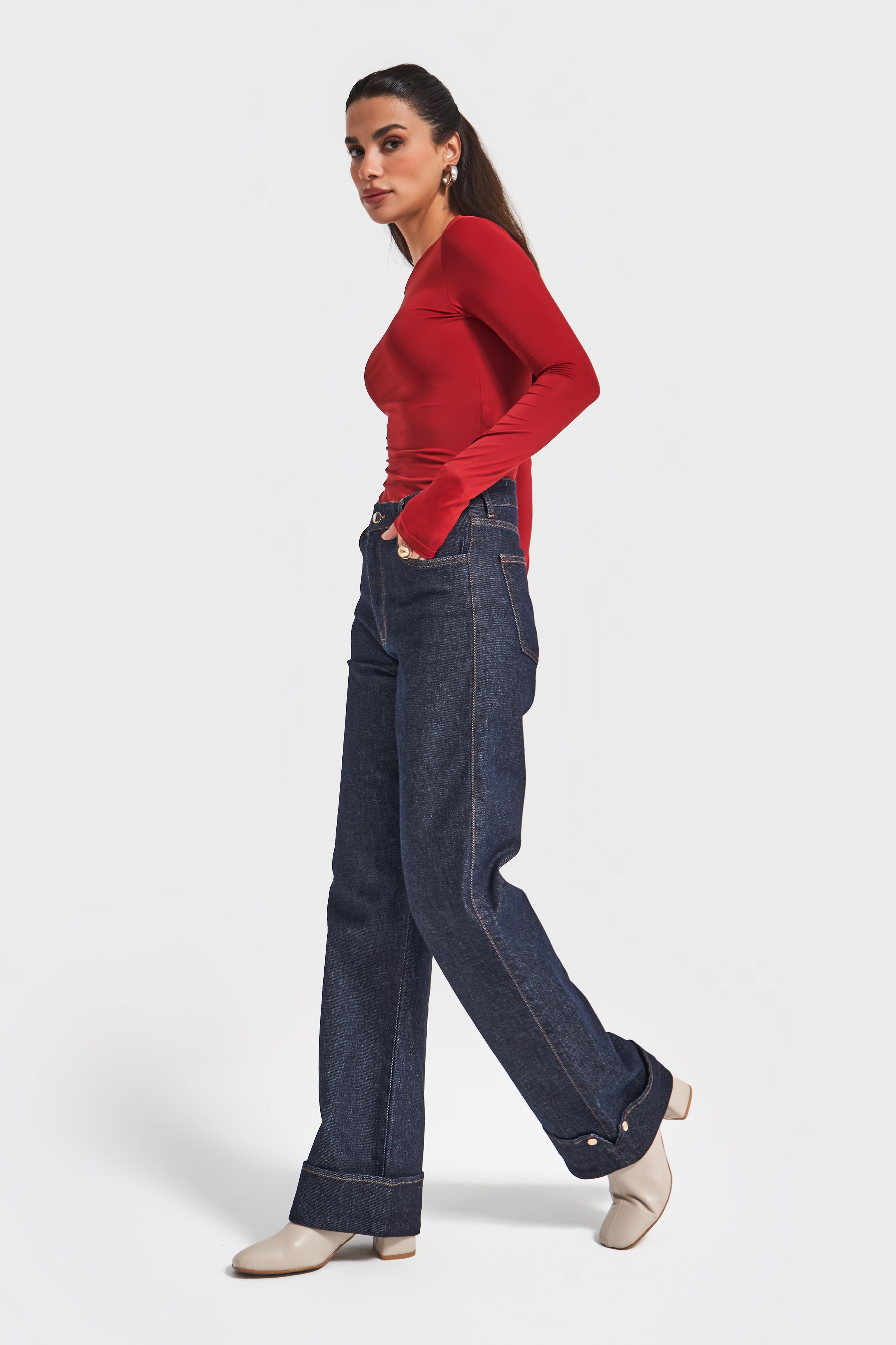 Kadın İndigo Renk 7w5-50 Straight Fit Yüksek Bel Paça Detaylı Özel Tasarım Denim Jean