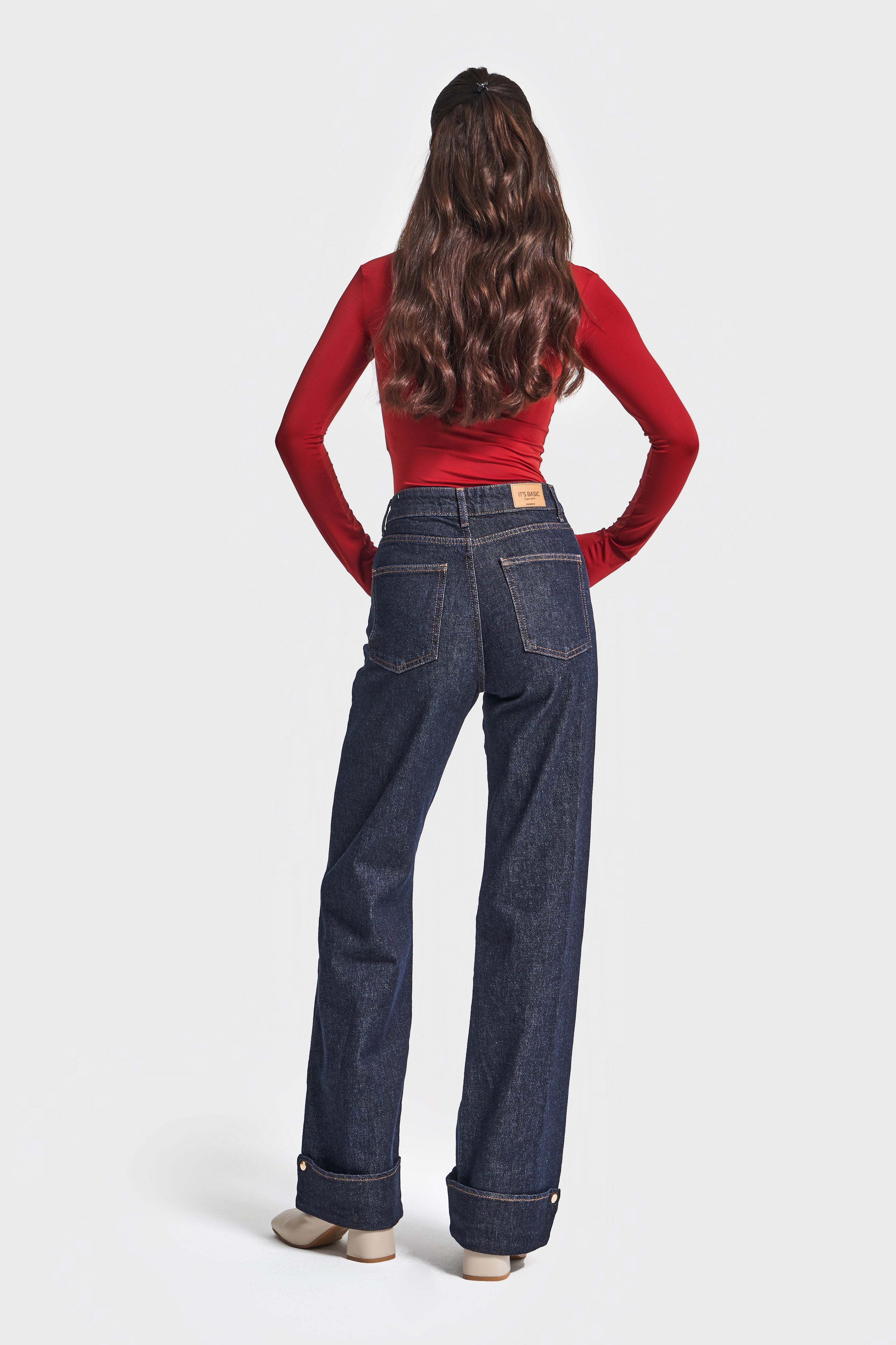 Kadın İndigo Renk 7w5-50 Straight Fit Yüksek Bel Paça Detaylı Özel Tasarım Denim Jean