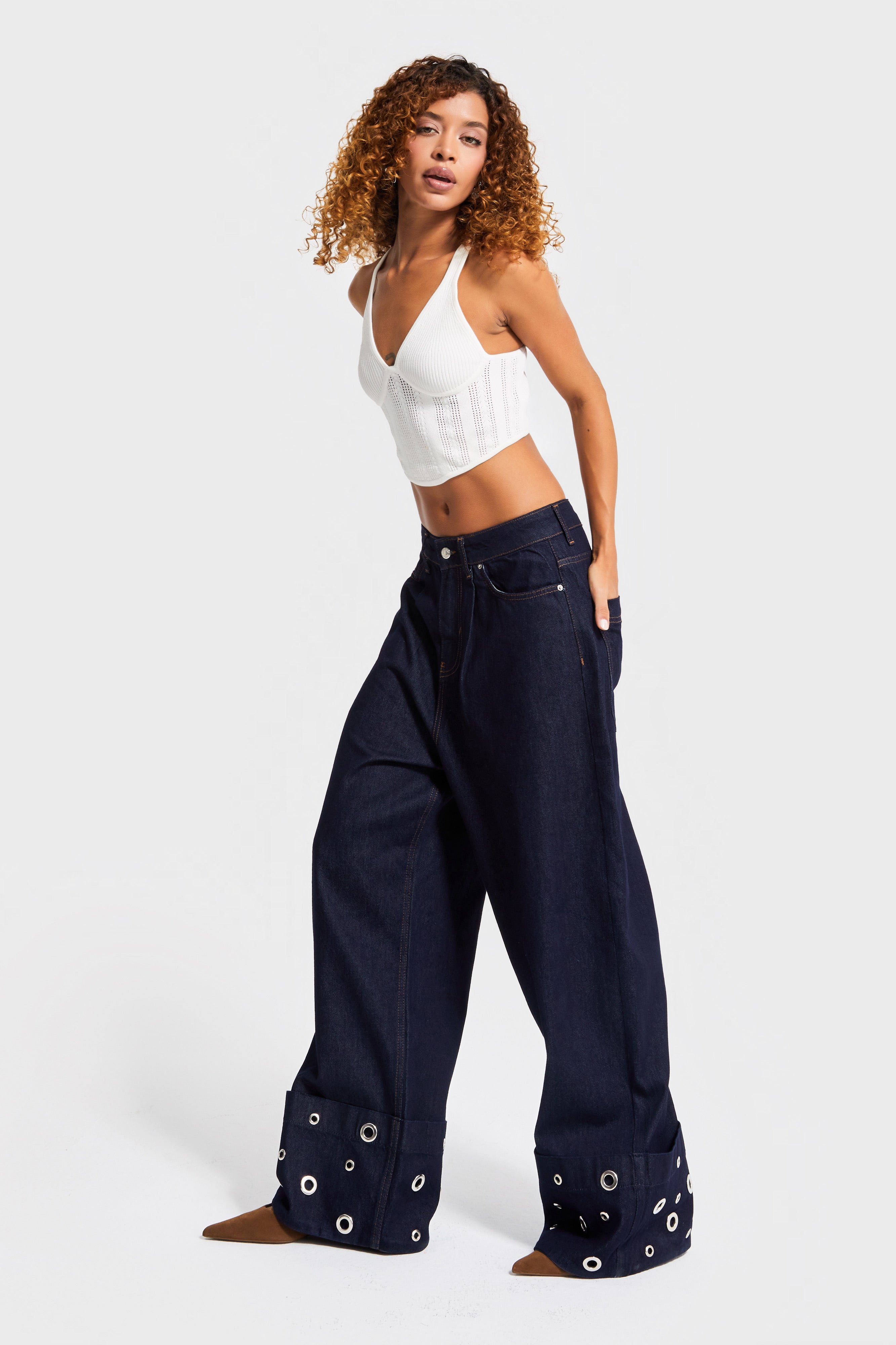 Kadın İndigo Renk 7w5-50 Süper Baggy Fit Özel Viskon Kumaş Kuş Gözü Detaylı Denim Jean