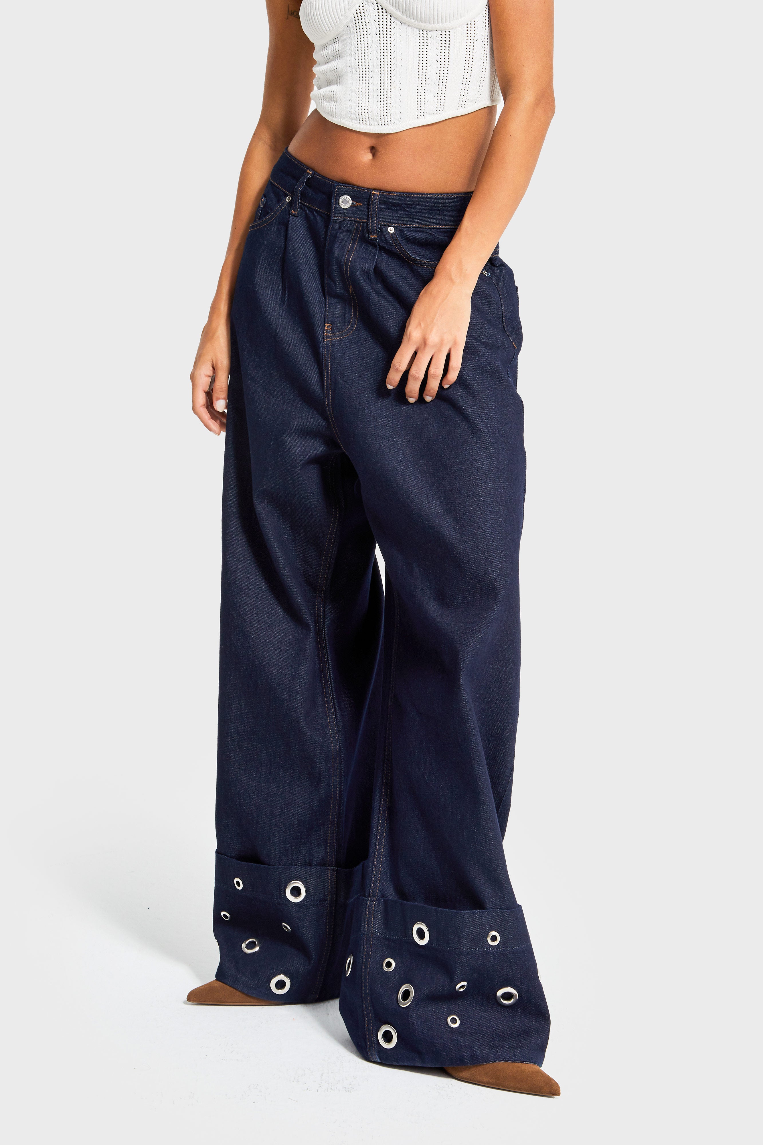Kadın İndigo Renk 7w5-50 Süper Baggy Fit Özel Viskon Kumaş Kuş Gözü Detaylı Denim Jean