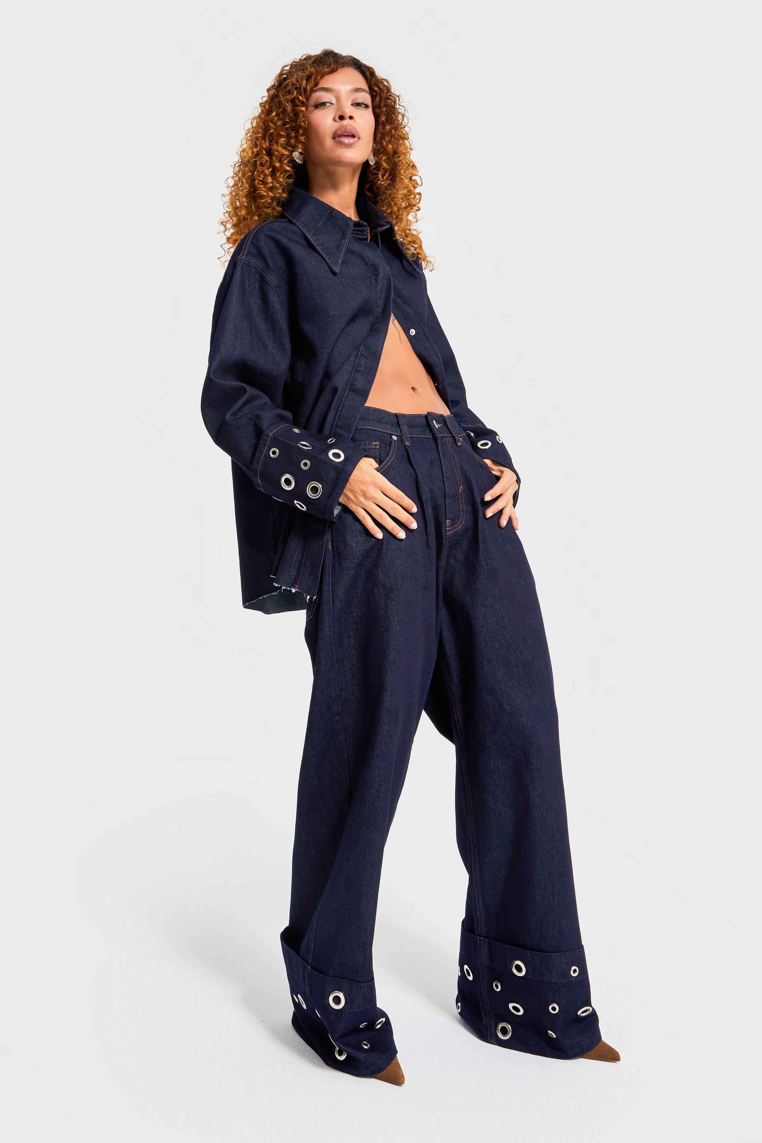 Kadın İndigo Renk 7w5-50 Süper Baggy Fit Özel Viskon Kumaş Kuş Gözü Detaylı Denim Jean