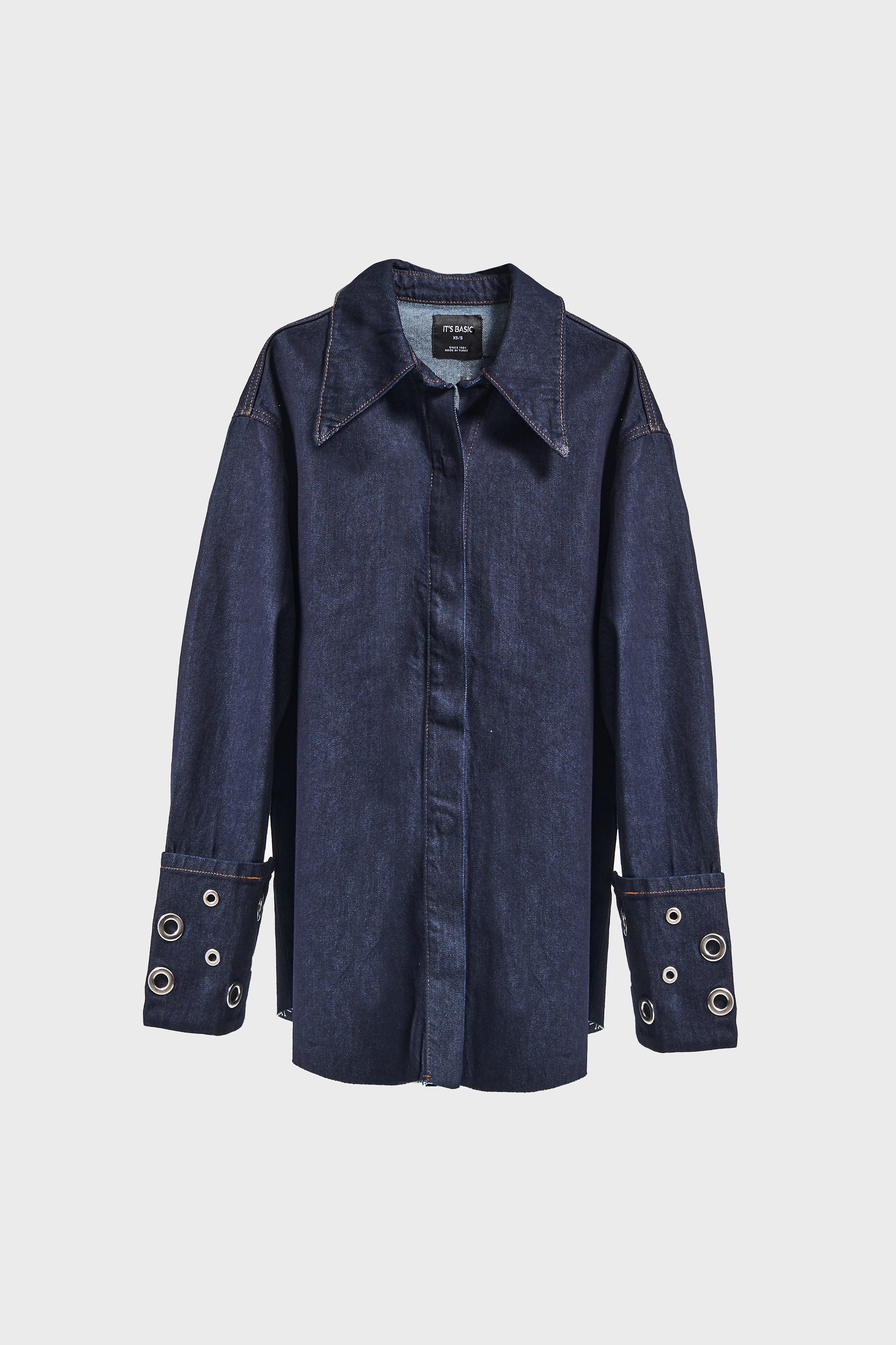 Kadın İndigo Renk 7w5-50 Süper Oversize %100 Koton Kuş Gözü Detaylı Tasarım Denim Gömlek Ceket