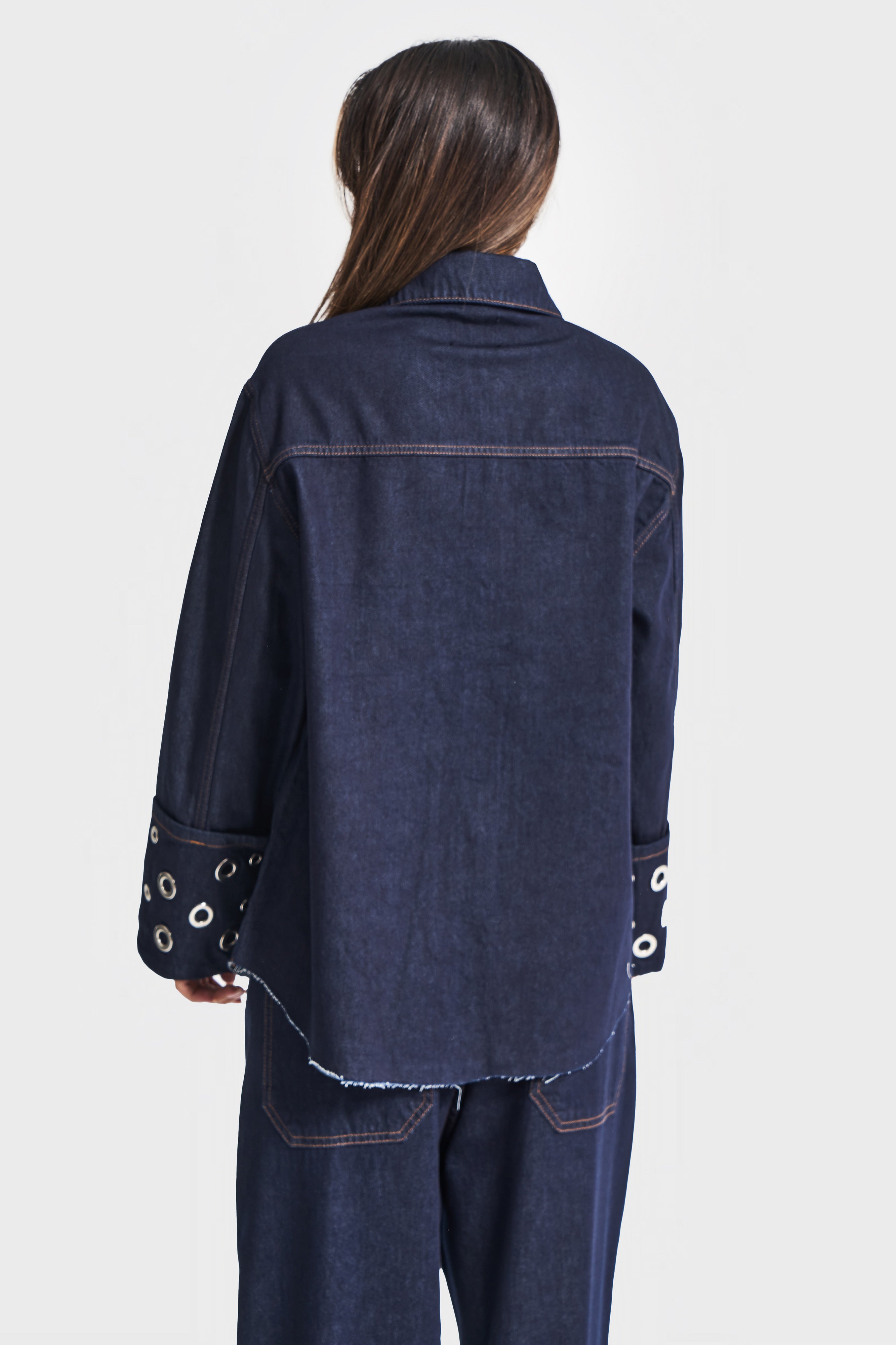 Kadın İndigo Renk 7w5-50 Süper Oversize %100 Koton Kuş Gözü Detaylı Tasarım Denim Gömlek Ceket