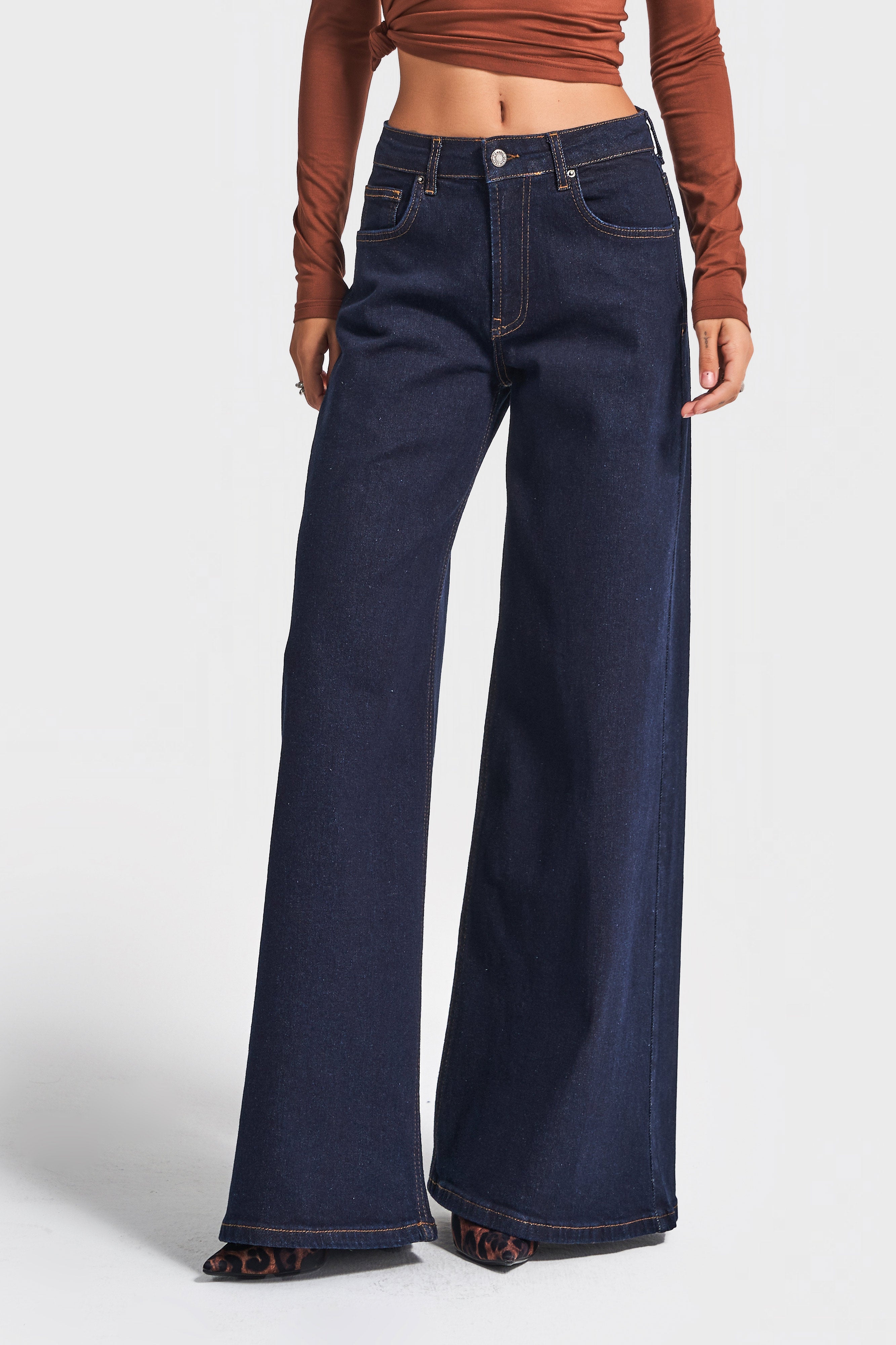 Kadın İndigo Renk 7w5-50 Süper Palazzo Fit Esnek Elastan Kumaş Denim Jean