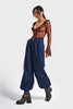 Kadın İndigo Renk 7w5-50 Wide Leg Baggy Fit Paça Detaylı Bol Kesim Tasarım Denim Jean