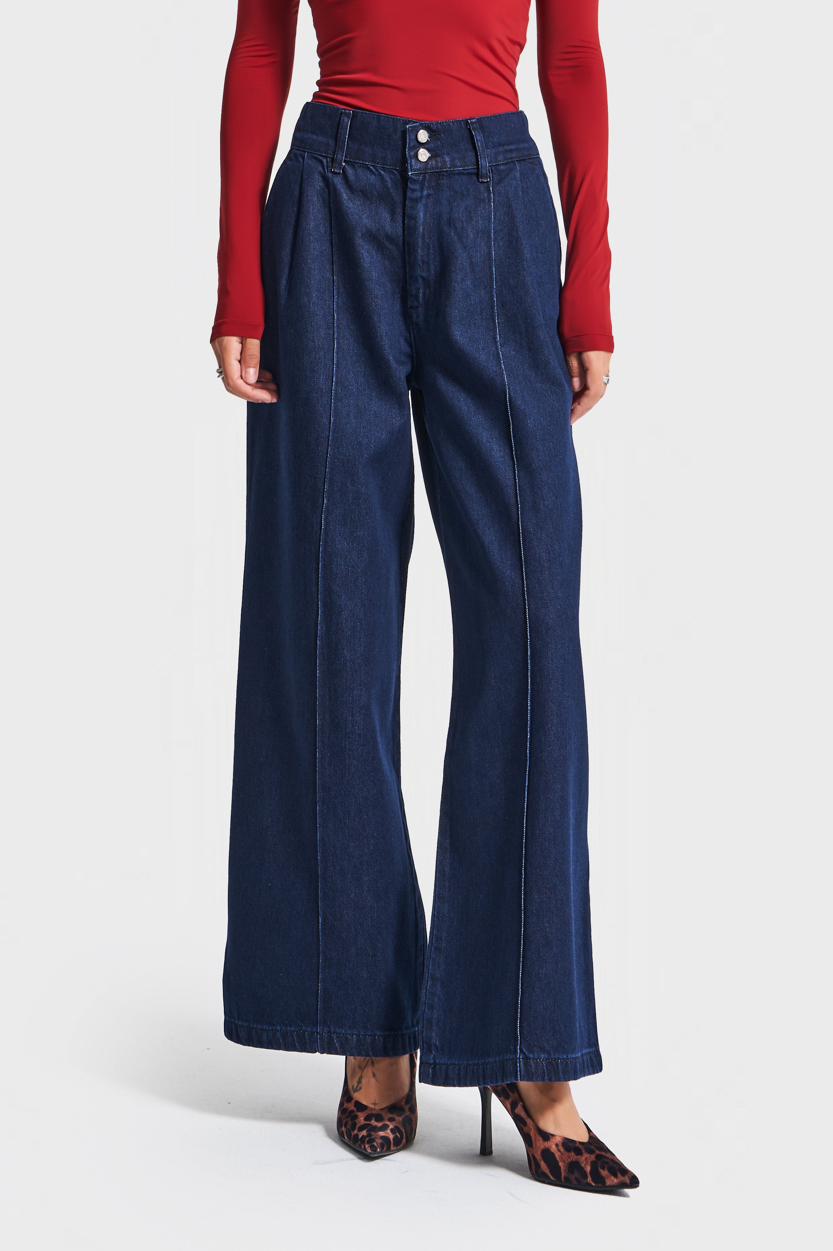 Kadın İndigo Renk 7w5-50 Wide Leg Fit İç Boy 74cm Bol Kesim Viskon Kumaş Kemer Detaylı Denim Jean