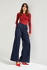 Kadın İndigo Renk 7w5-50 Wide Leg Fit Viskon Kumaş Şerit Detaylı Özel Tasarım Denim Jean
