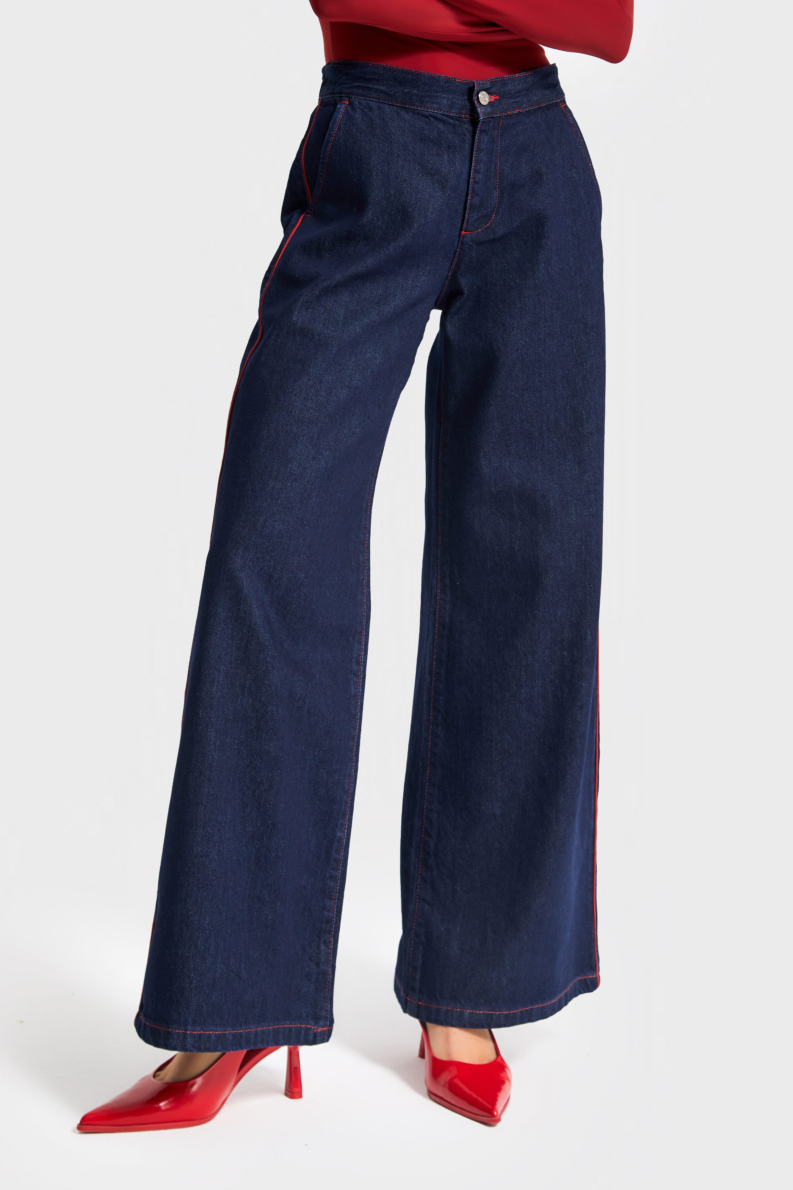 Kadın İndigo Renk 7w5-50 Wide Leg Fit Viskon Kumaş Şerit Detaylı Özel Tasarım Denim Jean