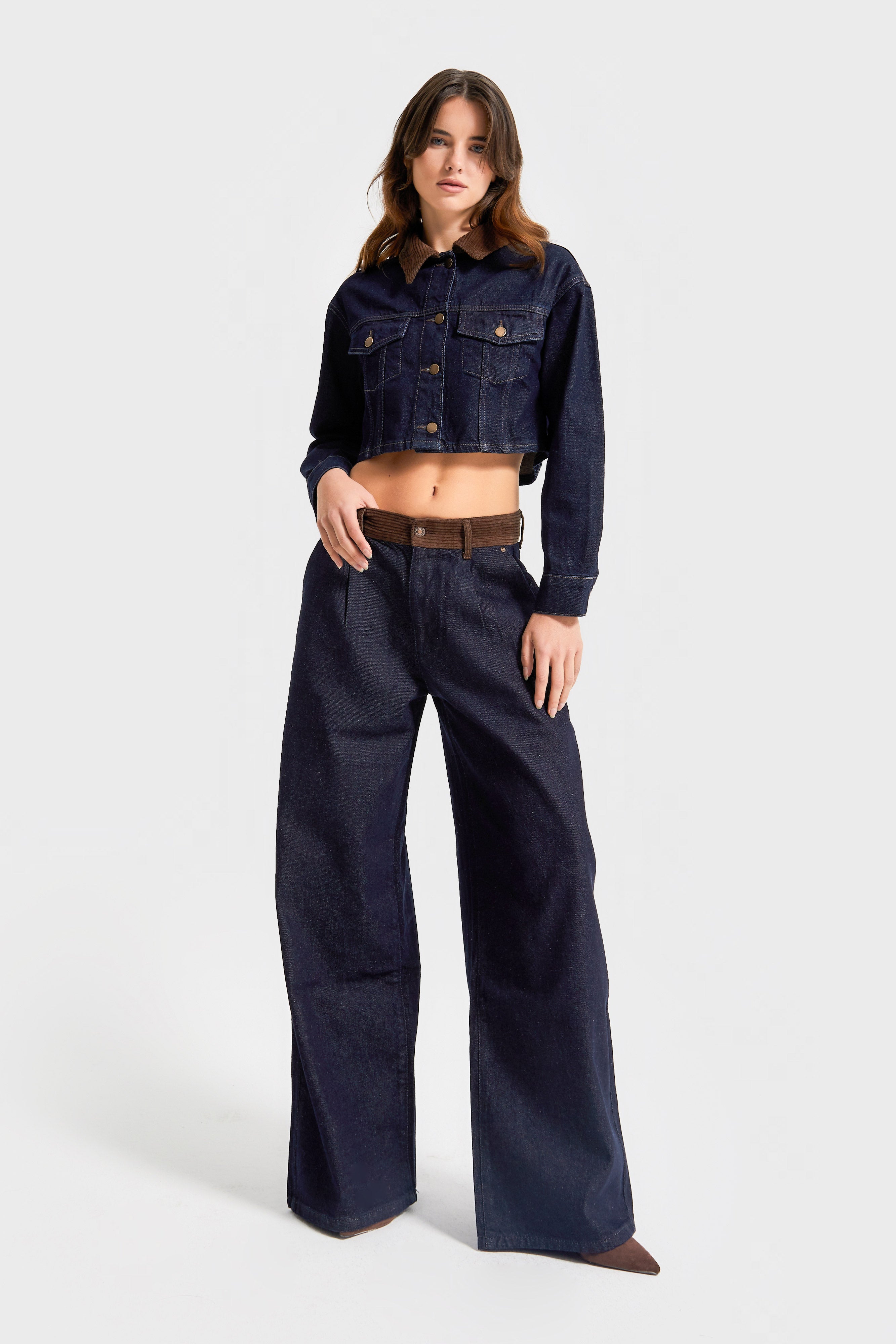 Kadın İndigo Renk 7w5-50 Wide Leg Palazzo Fit Kemer Detaylı %100 Koton Özel Tasarım Denim Jean