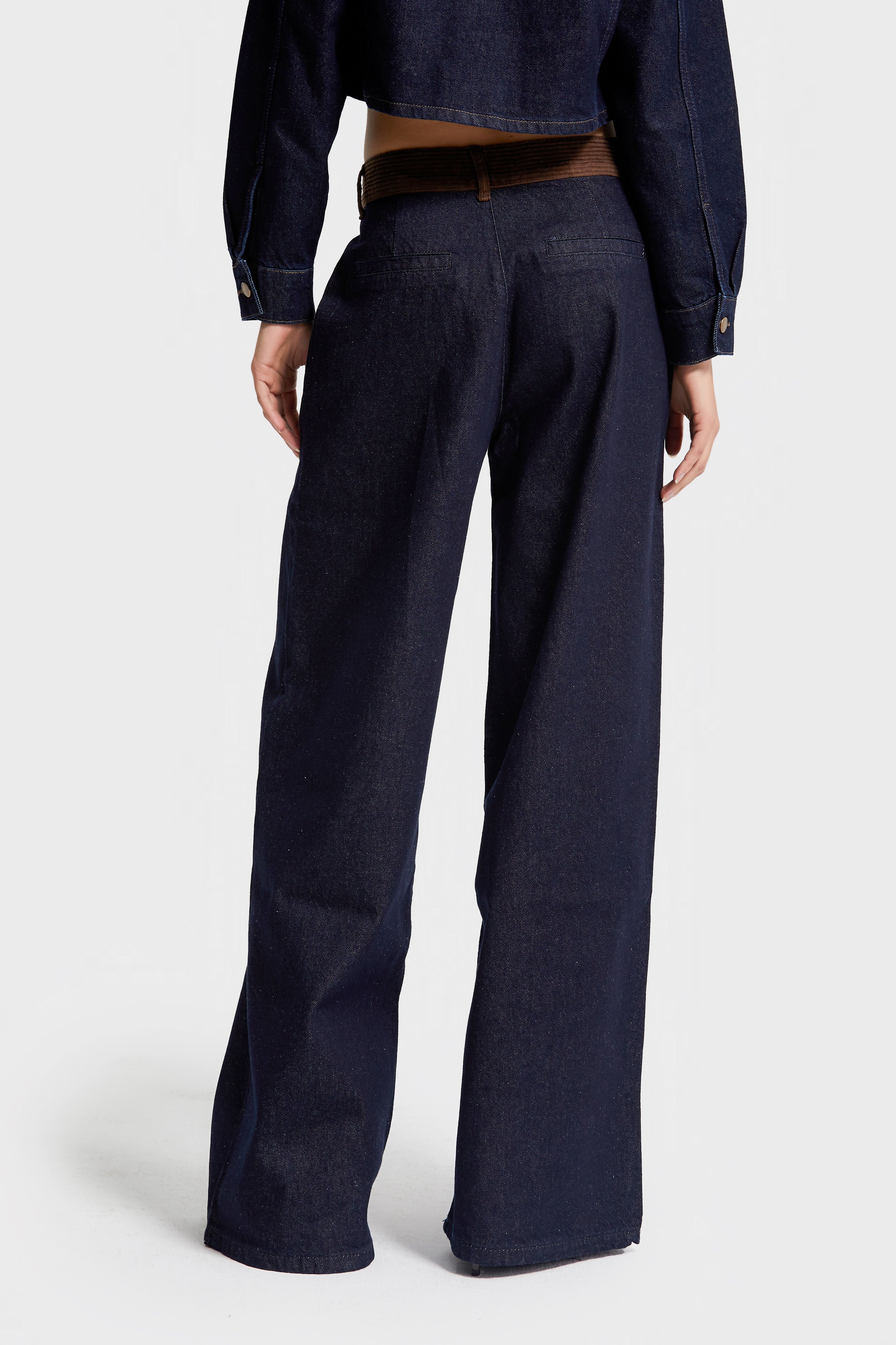 Kadın İndigo Renk 7w5-50 Wide Leg Palazzo Fit Kemer Detaylı %100 Koton Özel Tasarım Denim Jean