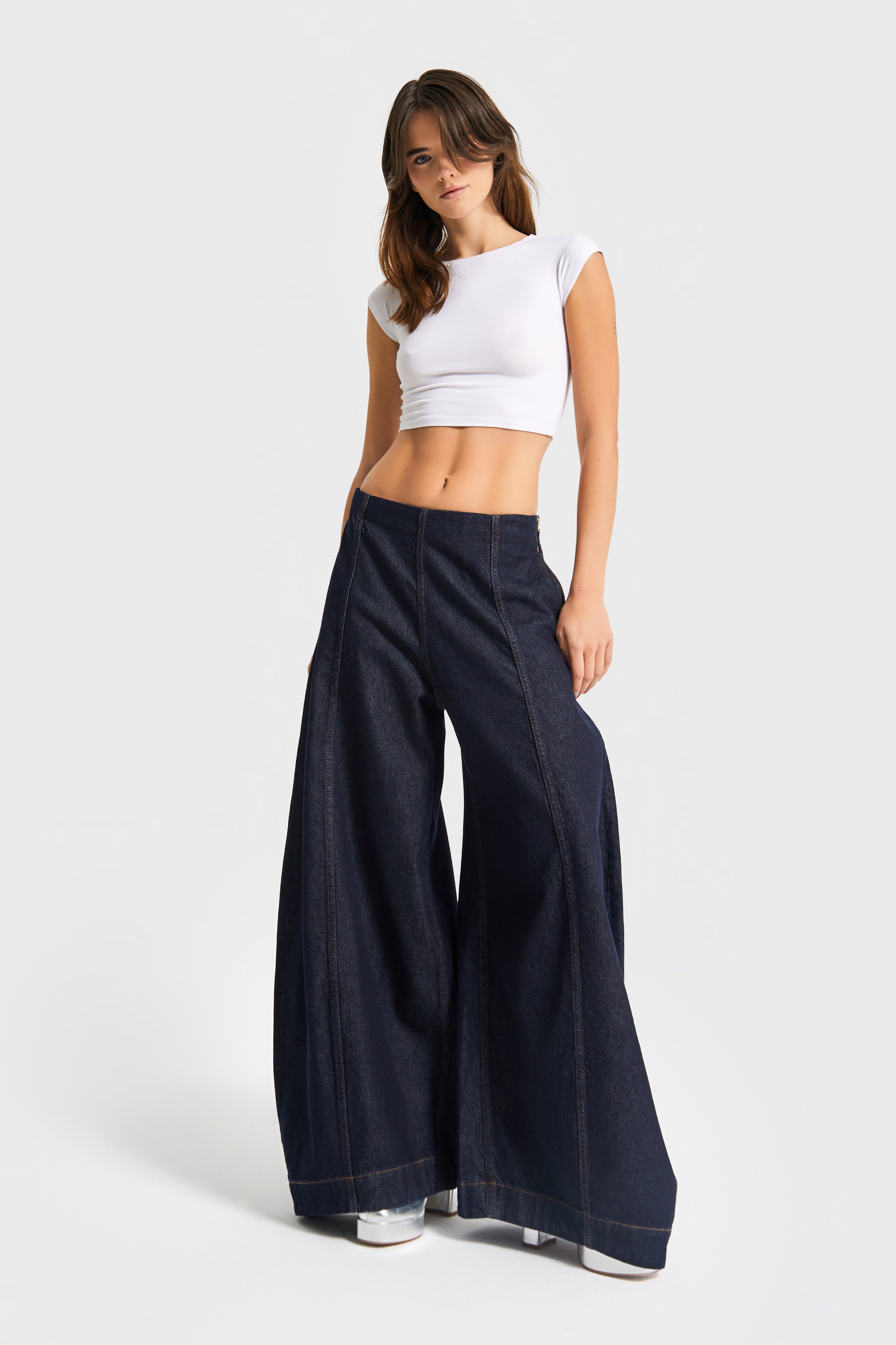 Kadın İndigo Renk 7w5-50 Yüksek Bel Palazzo Balon Fit %100 Koton Özel Tasarım Denim Jean