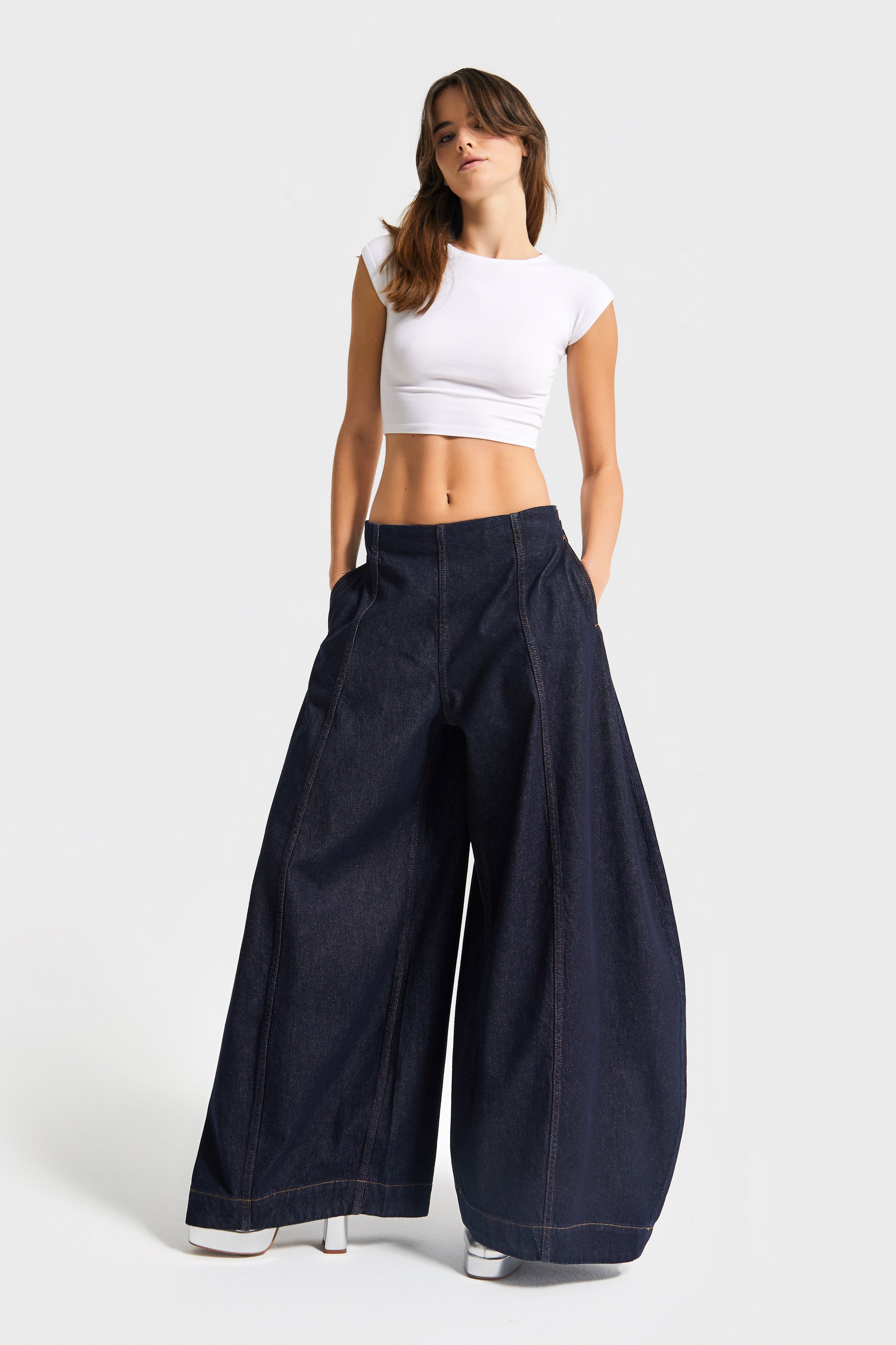 Kadın İndigo Renk 7w5-50 Yüksek Bel Palazzo Balon Fit %100 Koton Özel Tasarım Denim Jean