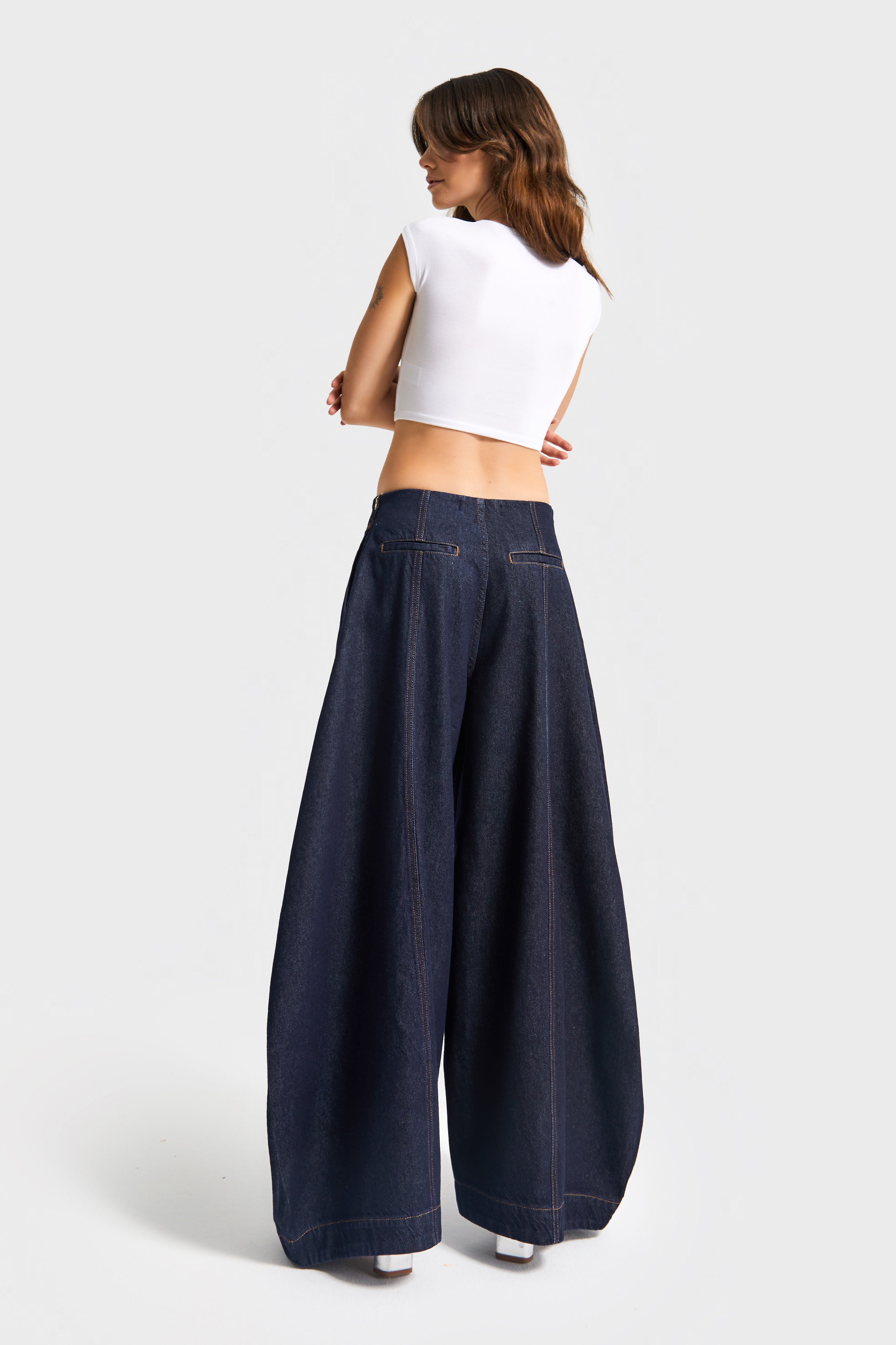 Kadın İndigo Renk 7w5-50 Yüksek Bel Palazzo Balon Fit %100 Koton Özel Tasarım Denim Jean