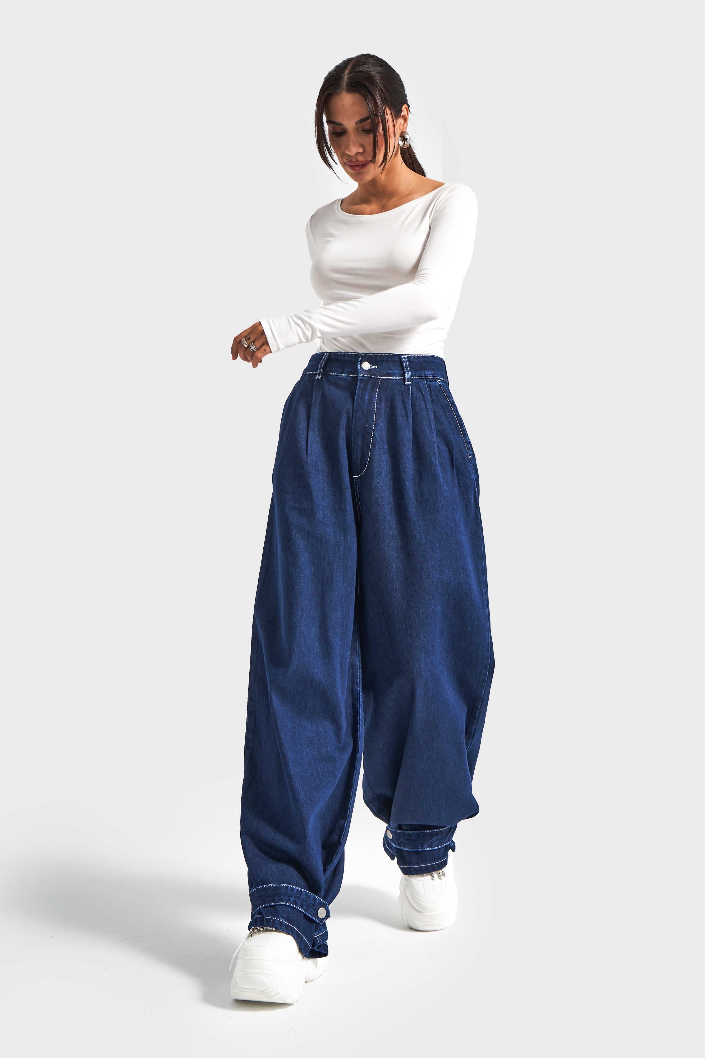 Kadın İndigo Renk 8w5-7 Yüksek Bel Wide Leg Bol Kesim Paça Detaylı Tasarım Denim Jean