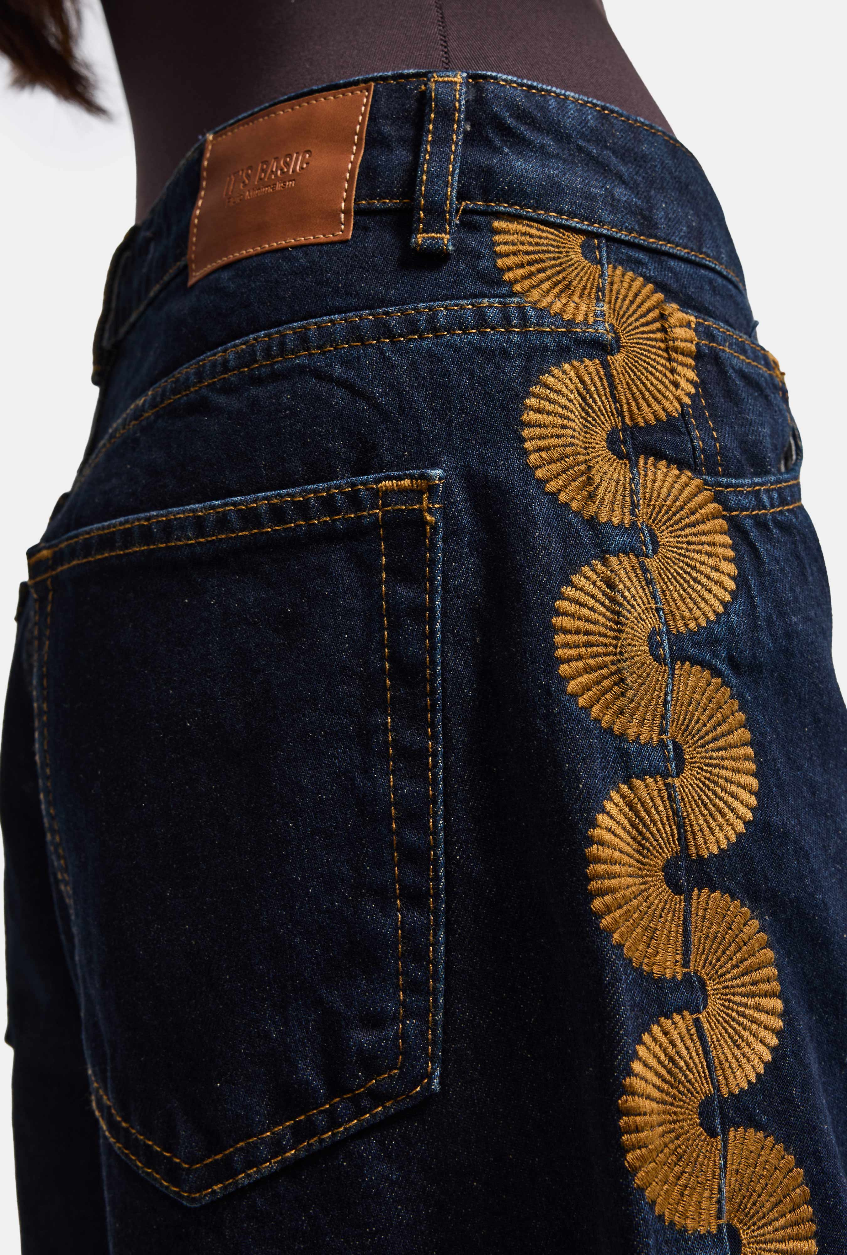 Kadın İndigo Selvedge 36w6-124 Palazzo Elephant Leg Nakış Detaylı Özel Tasarım Denim Jean