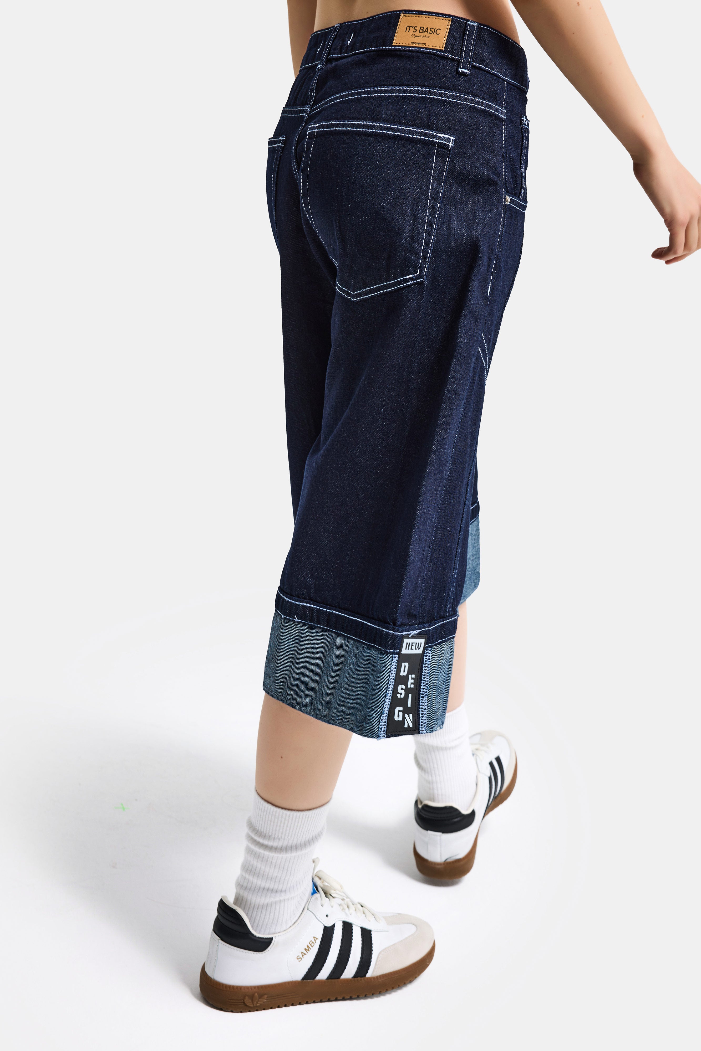 Kadın İndigo Selvedge 7s6-50 Baggy Fit Maxi Boy Özel Tasarım Denim Bermuda Şort