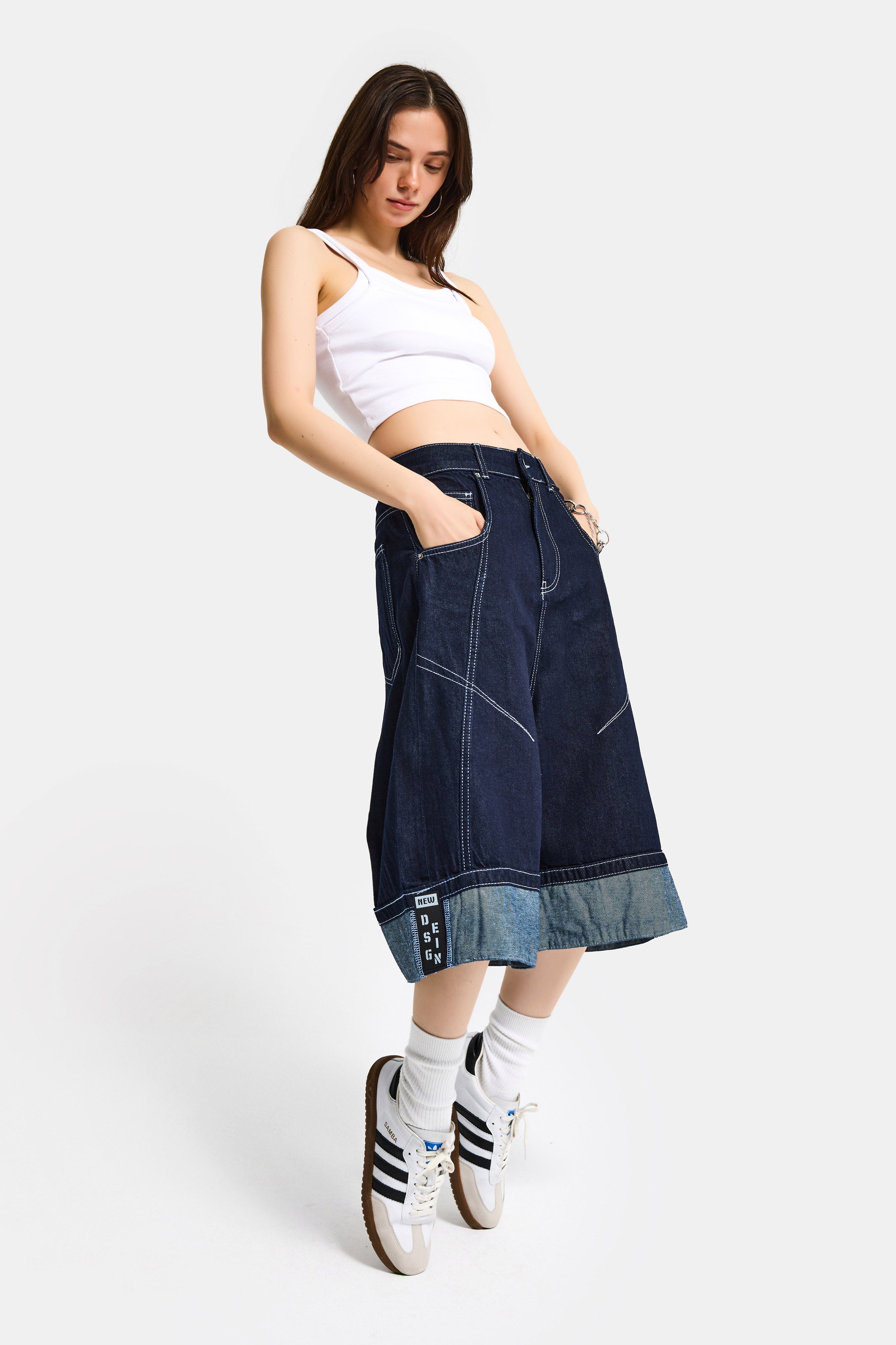 Kadın İndigo Selvedge 7s6-50 Baggy Fit Maxi Boy Özel Tasarım Denim Bermuda Şort