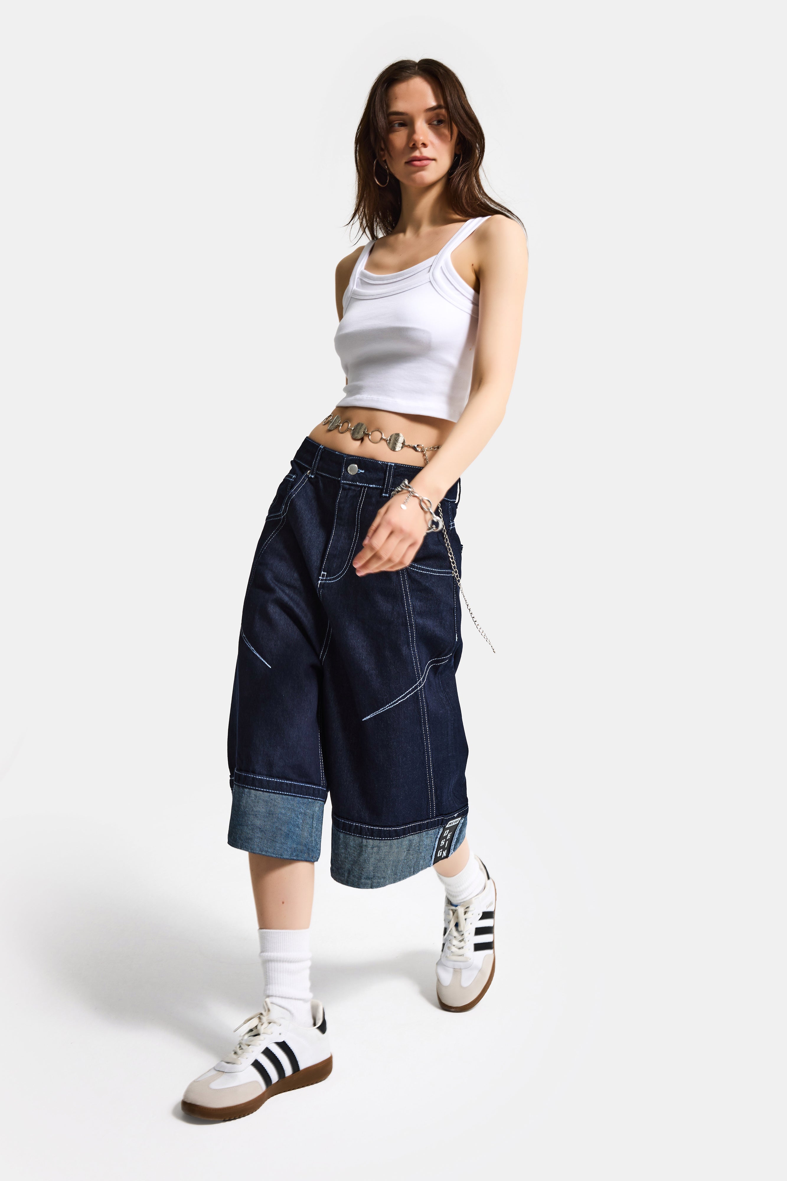 Kadın İndigo Selvedge 7s6-50 Baggy Fit Maxi Boy Özel Tasarım Denim Bermuda Şort