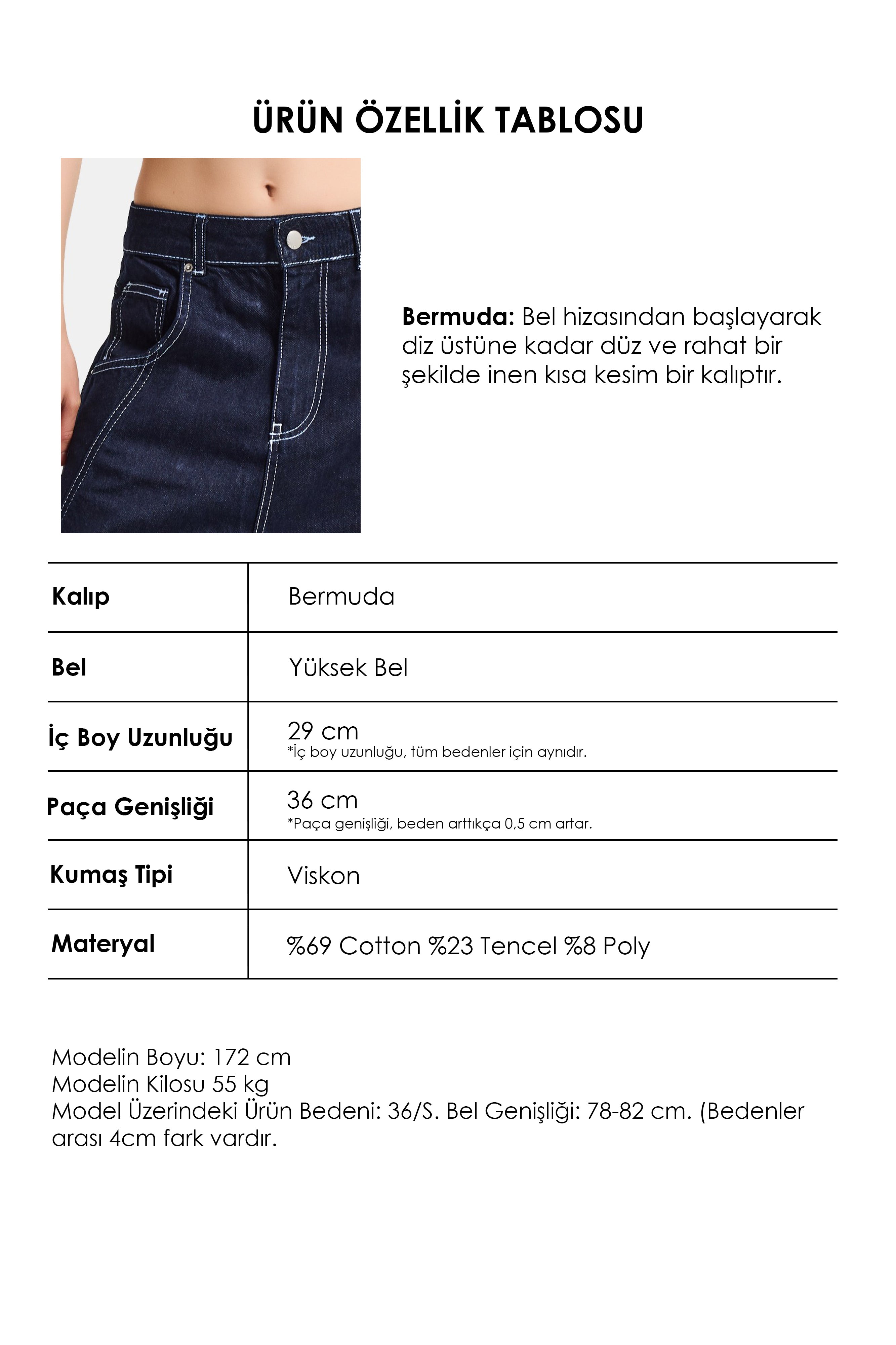 Kadın İndigo Selvedge 7s6-50 Baggy Fit Maxi Boy Özel Tasarım Denim Bermuda Şort