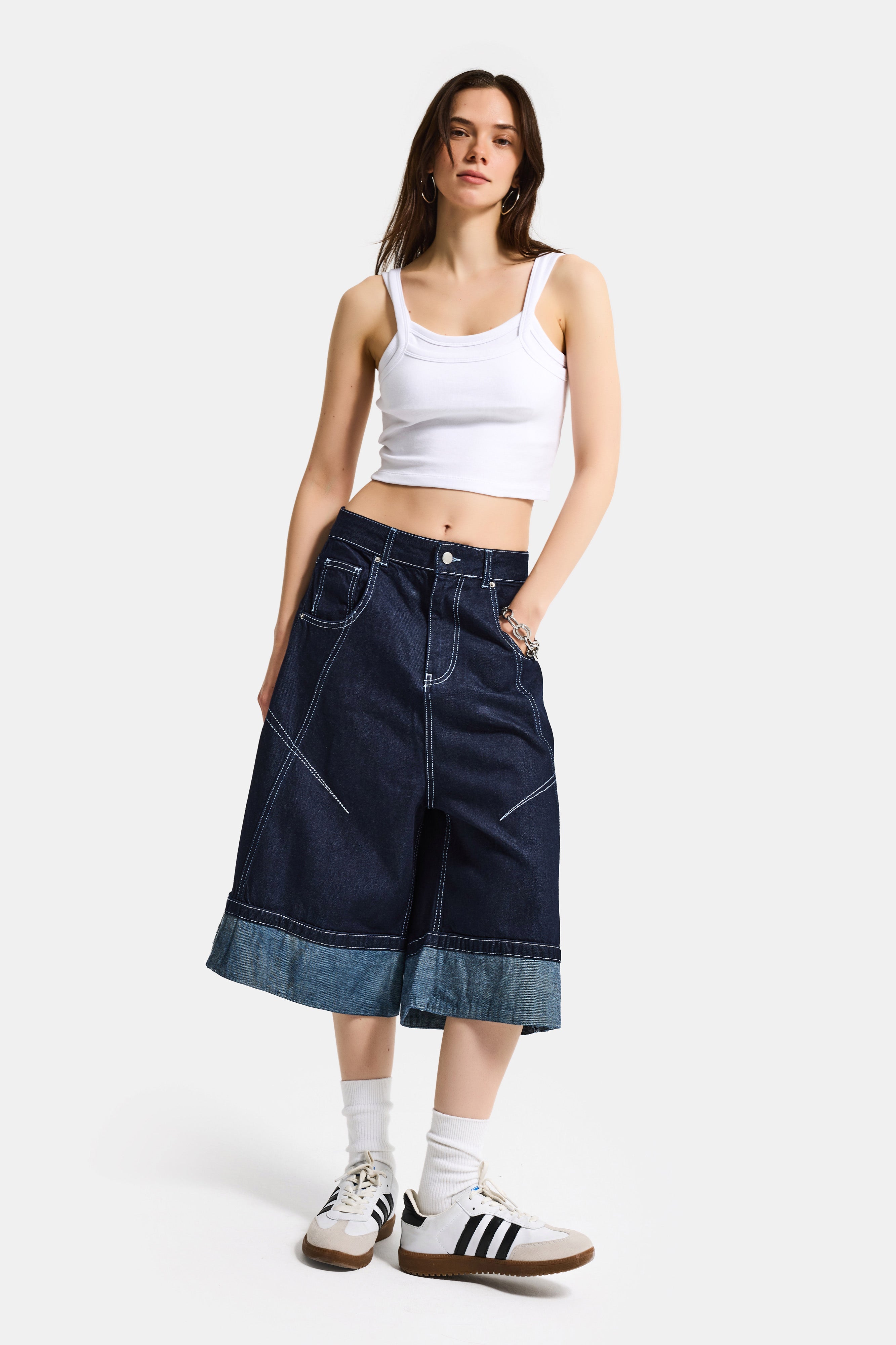 Kadın İndigo Selvedge 7s6-50 Baggy Fit Maxi Boy Özel Tasarım Denim Bermuda Şort