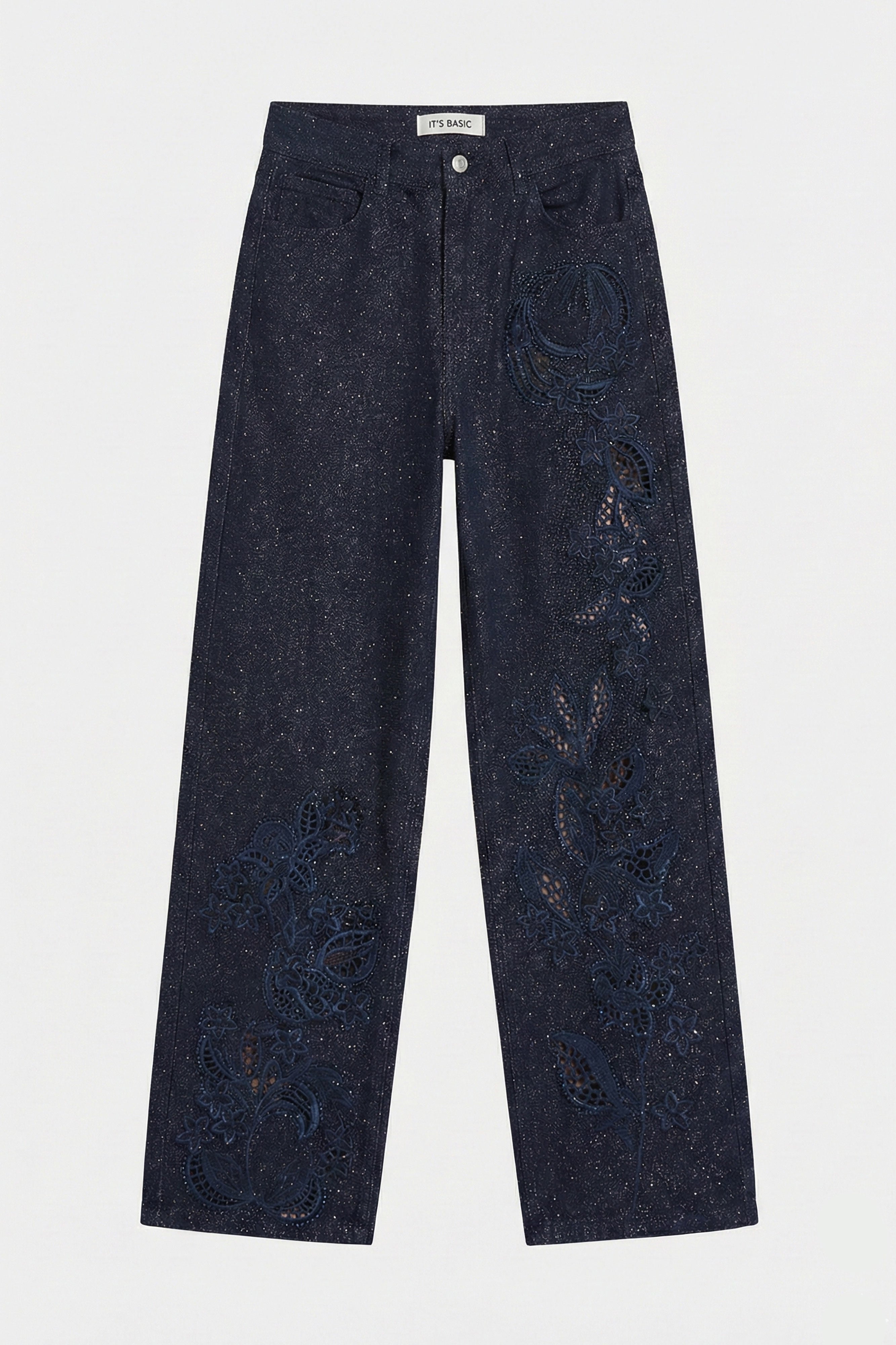 Kadın İndigo Selvedge T-7s6-50 Loose Fit Nakış Dantel Desenli Özel Tasarım Denim Jean