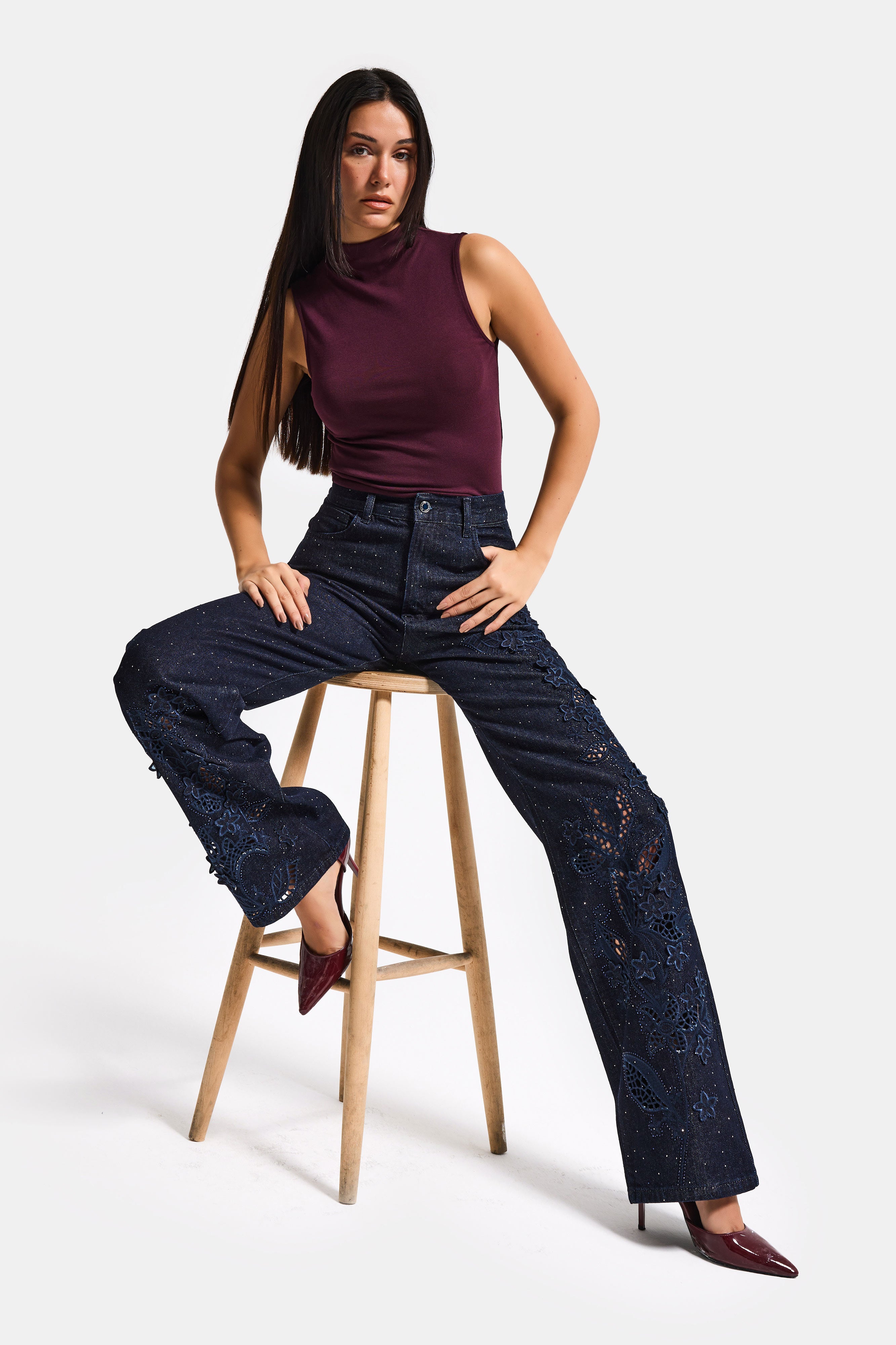 Kadın İndigo Selvedge T-7s6-50 Loose Fit Nakış Dantel Desenli Özel Tasarım Denim Jean