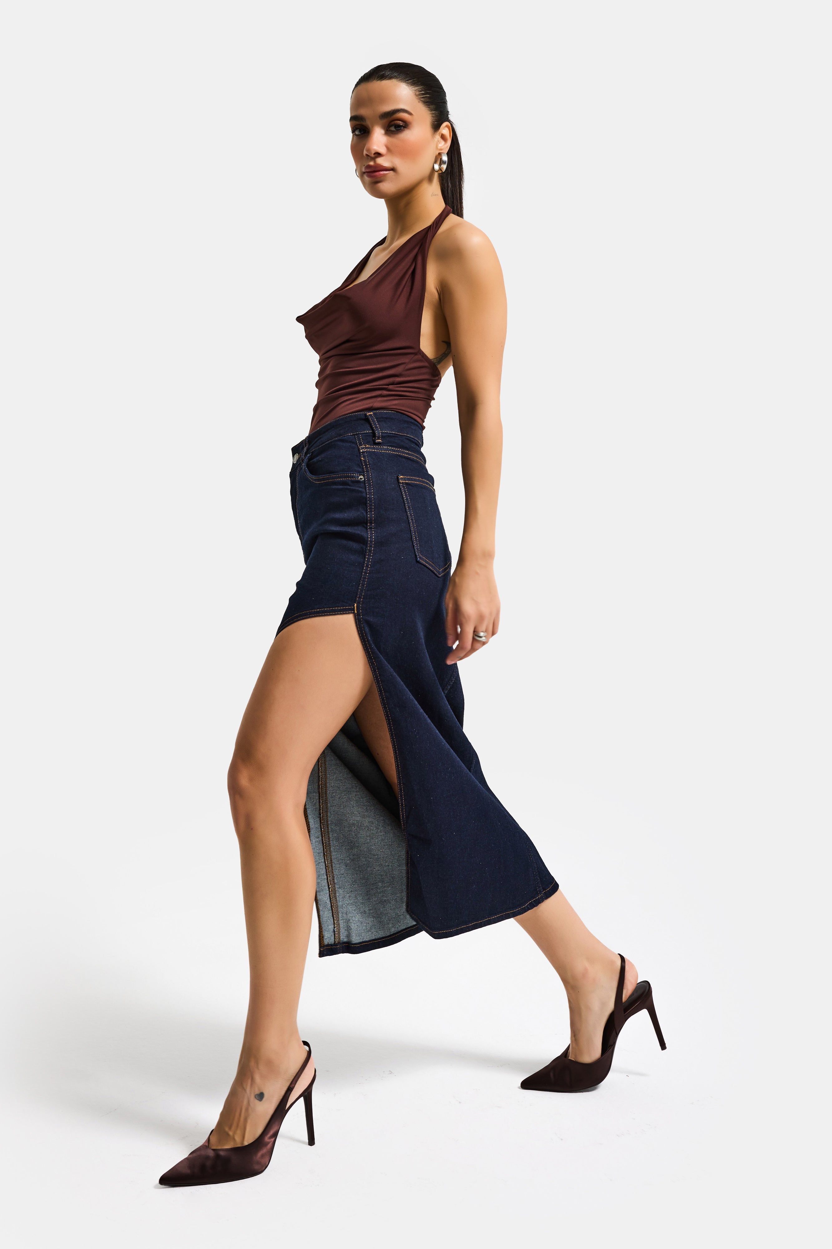 Kadın İndigo Selvedge 7s6-50 Maxi Yandan Yırtmaç Detaylı Tasarım Likralı Kumaş Denim Etek