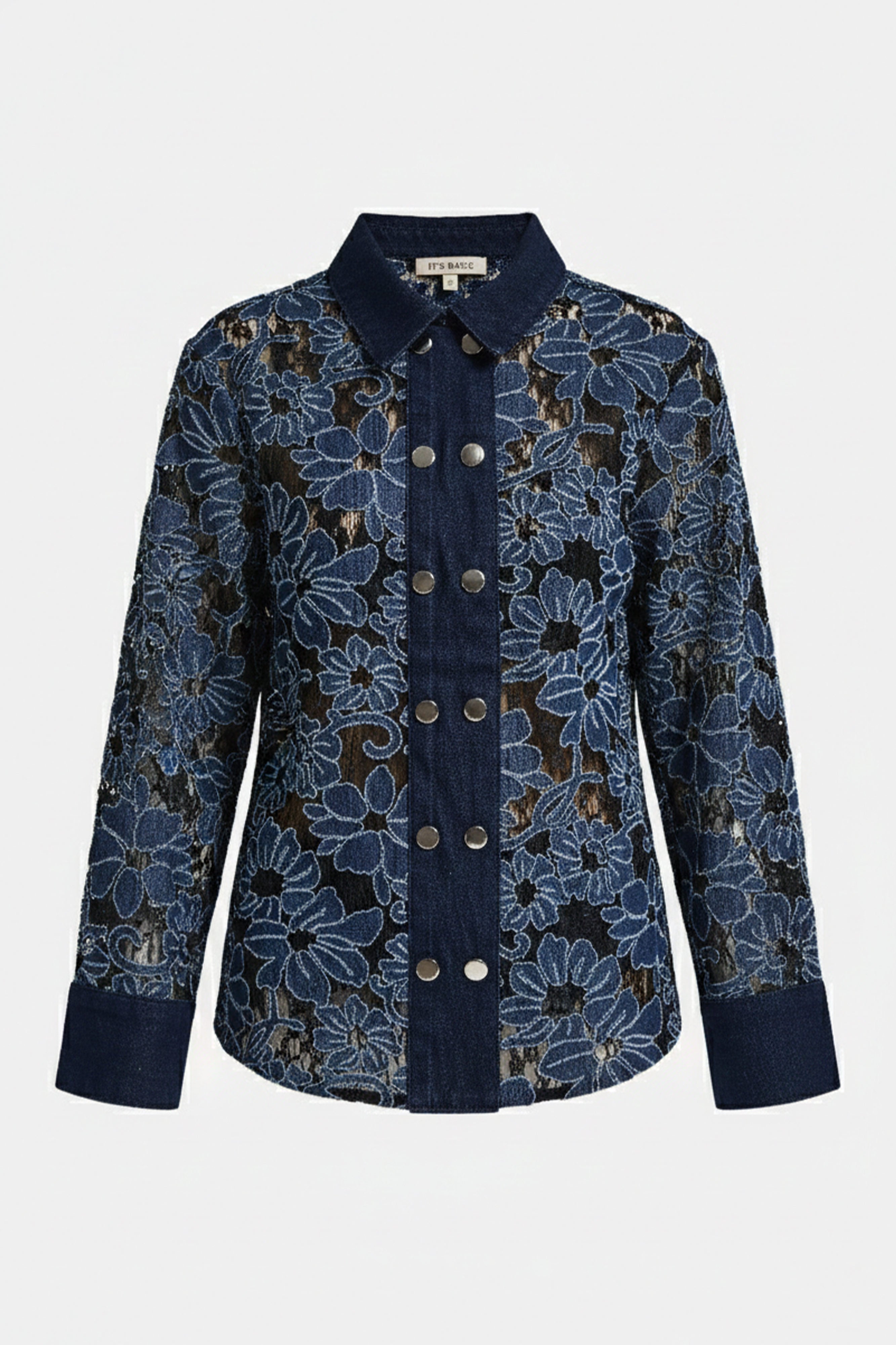 Kadın İndigo Selvedge 7s6-50 Oversize Dantel Nakış Çiçek Detaylı Özel Tasarım Denim Ceket