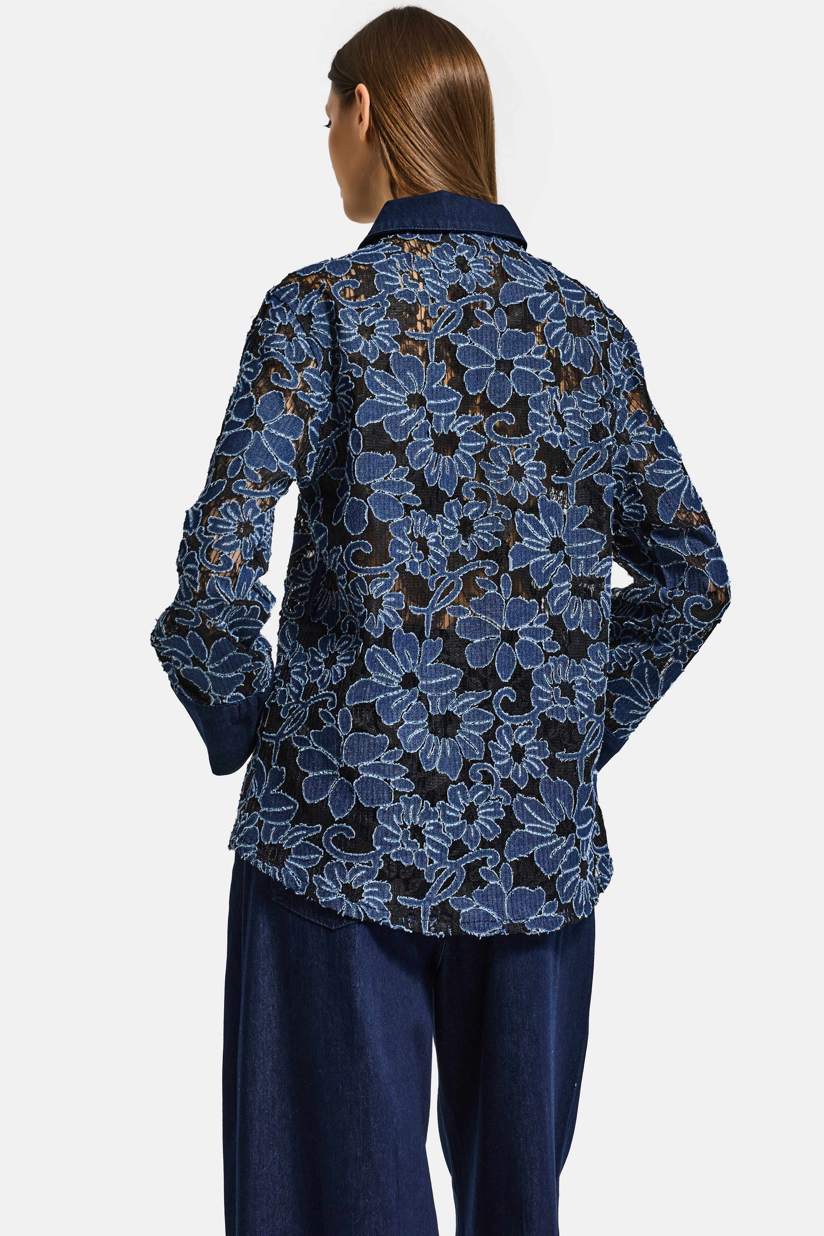 Kadın İndigo Selvedge 7s6-50 Oversize Dantel Nakış Çiçek Detaylı Özel Tasarım Denim Ceket