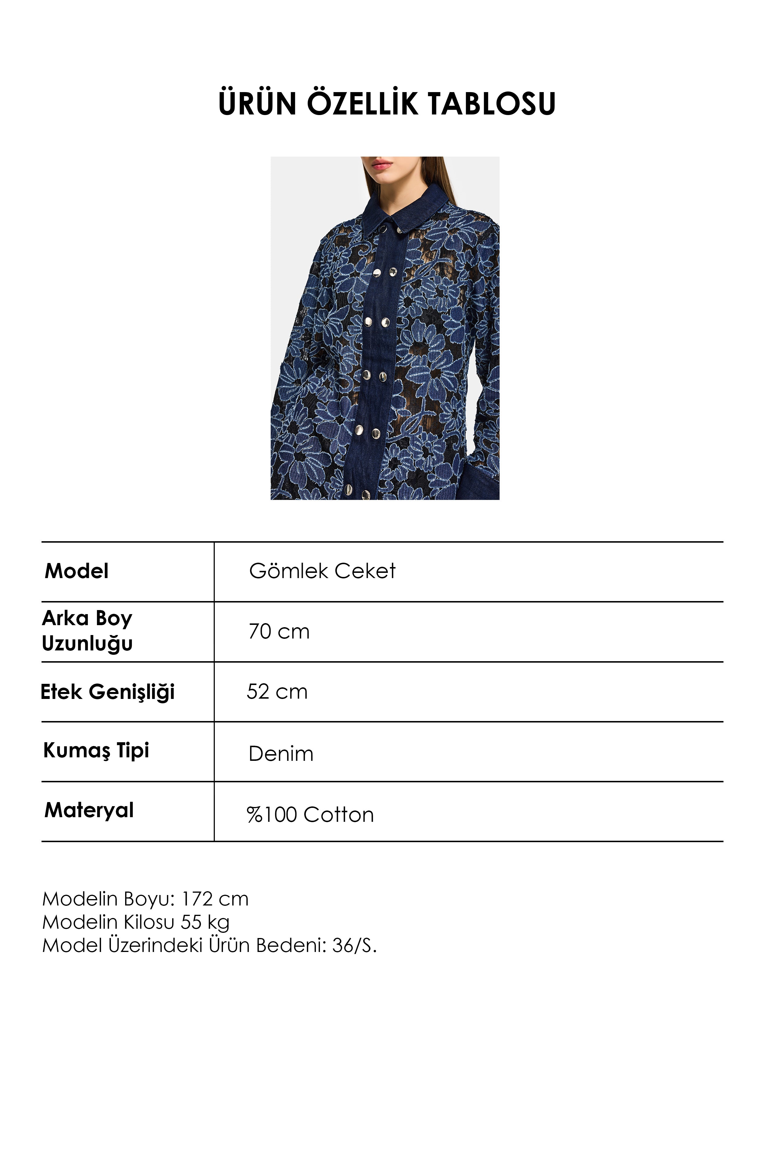 Kadın İndigo Selvedge 7s6-50 Oversize Dantel Nakış Çiçek Detaylı Özel Tasarım Denim Ceket