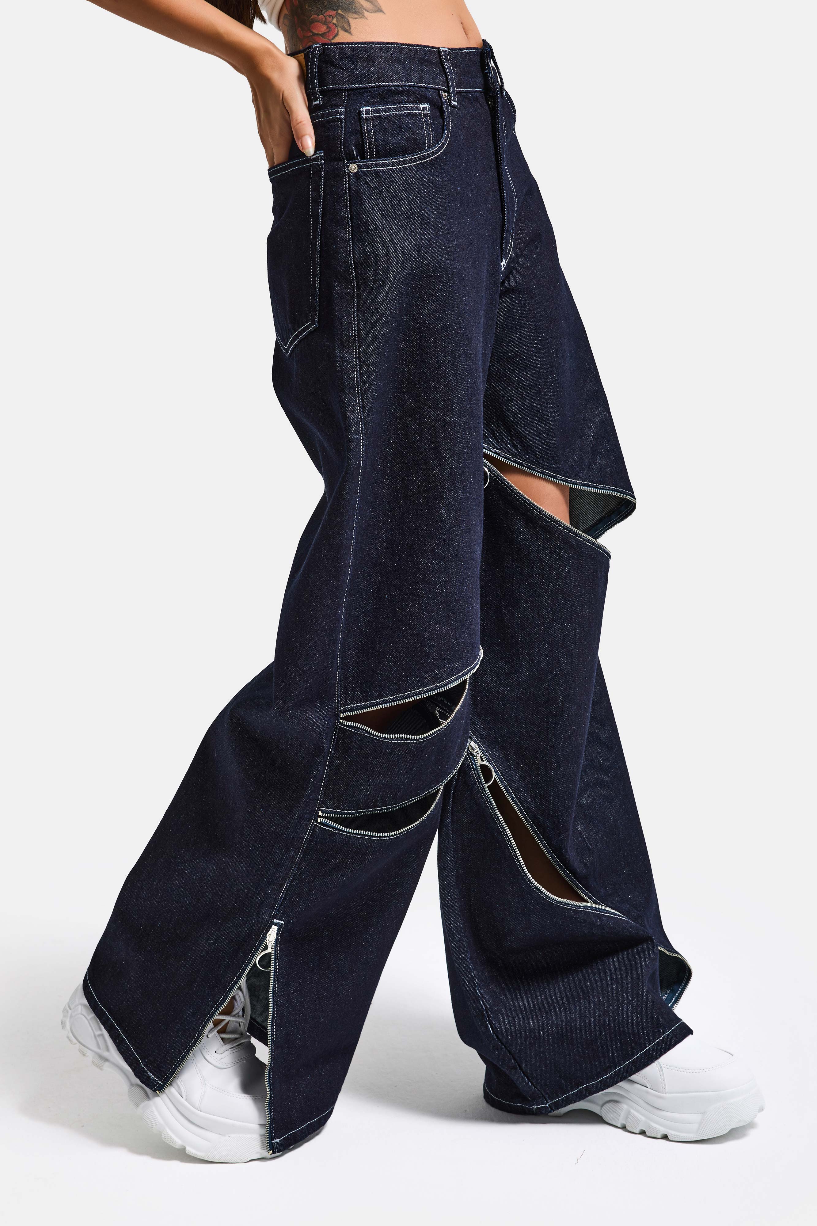 Kadın İndigo Selvedge 7s6-50 Süper Baggy Fit Fermuar Detaylı Özel Tasarım Denim Jean