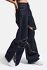 Kadın İndigo Selvedge 7s6-50 Süper Baggy Fit Fermuar Detaylı Özel Tasarım Denim Jean