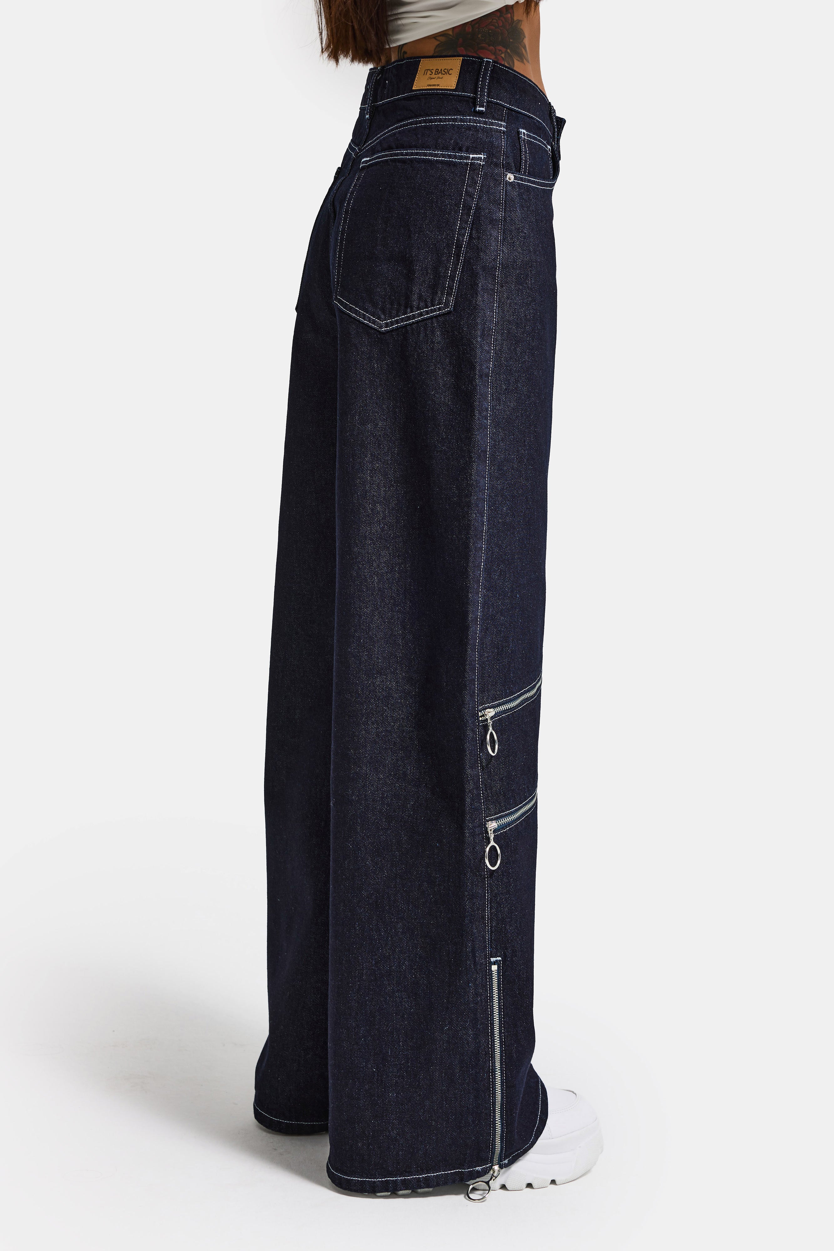 Kadın İndigo Selvedge 7s6-50 Süper Baggy Fit Fermuar Detaylı Özel Tasarım Denim Jean