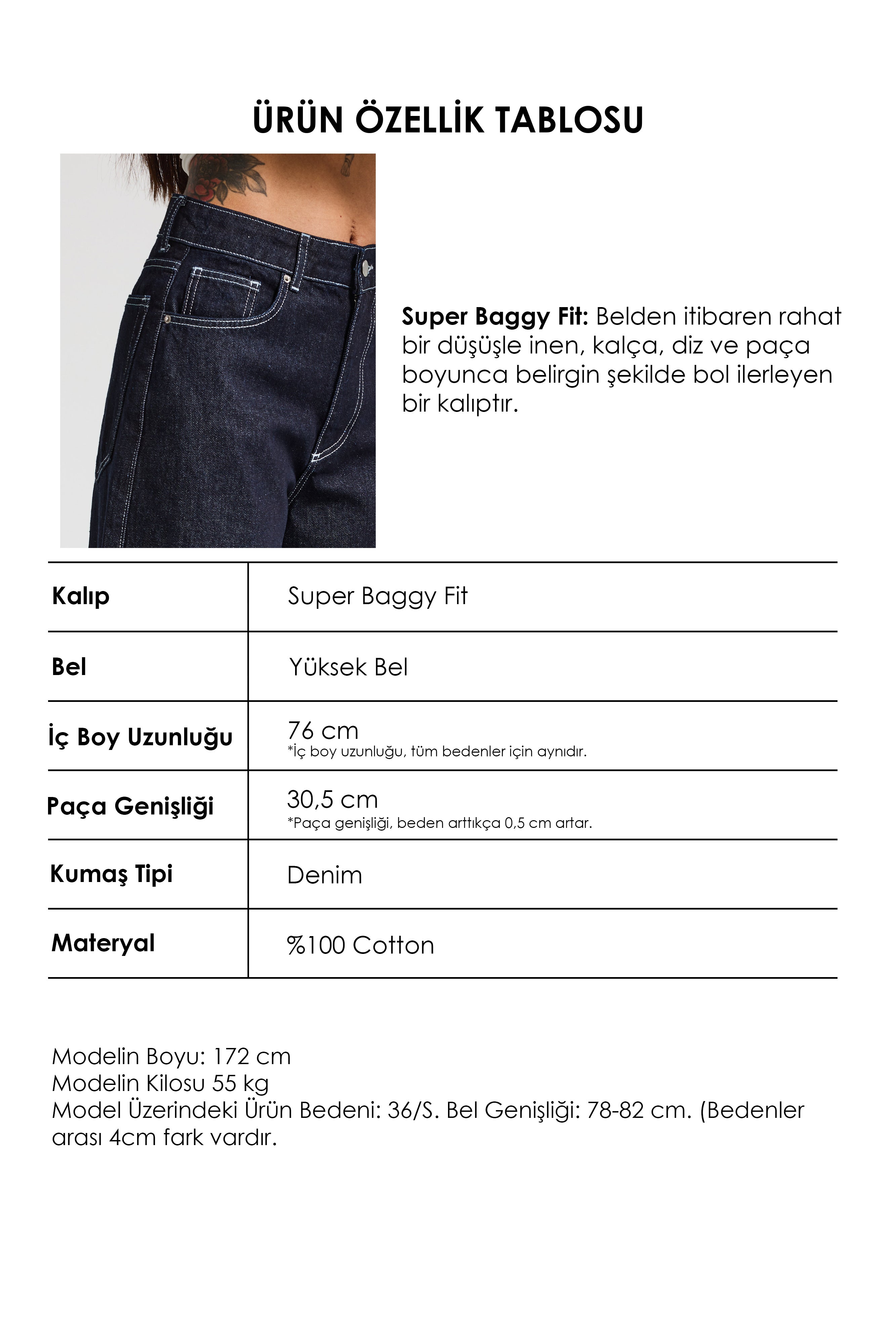 Kadın İndigo Selvedge 7s6-50 Süper Baggy Fit Fermuar Detaylı Özel Tasarım Denim Jean