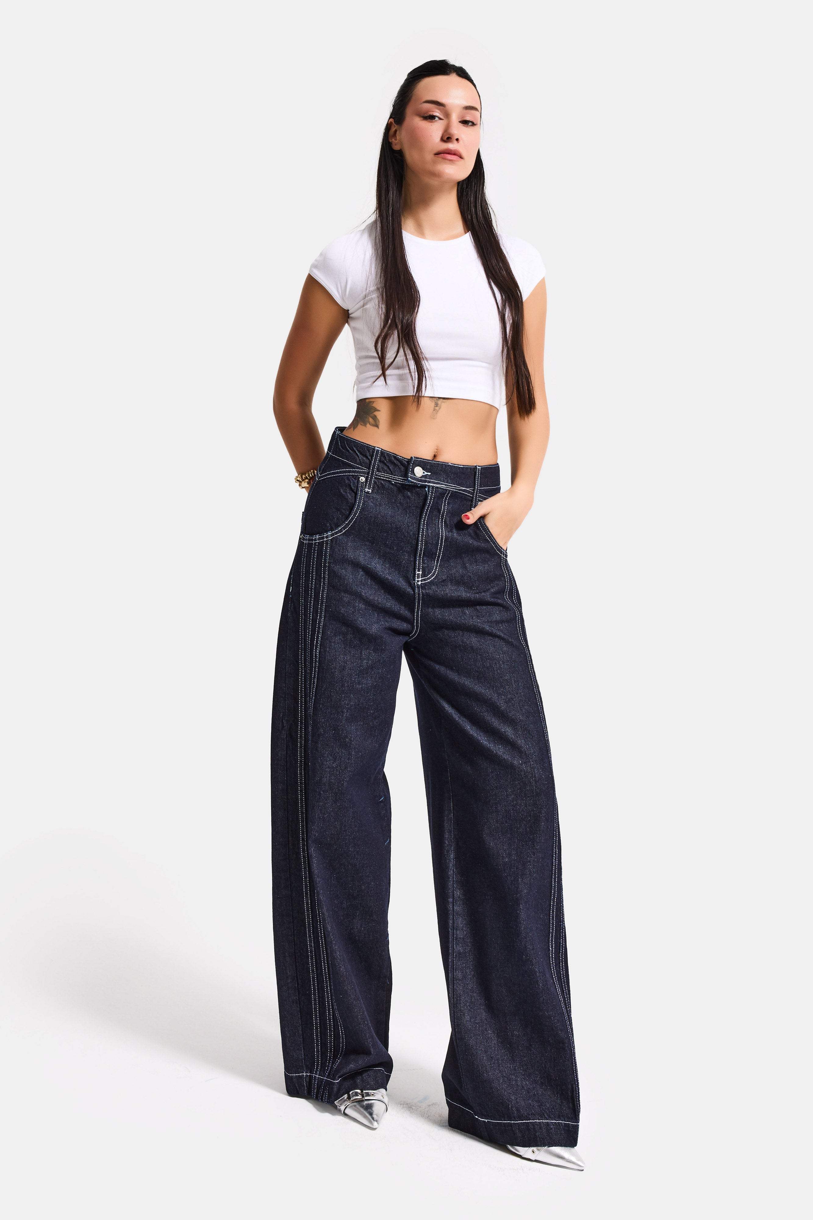 Kadın İndigo Selvedge 7s6-50 Süper Baggy Fit Nakışlı Tasarım Denim Jean