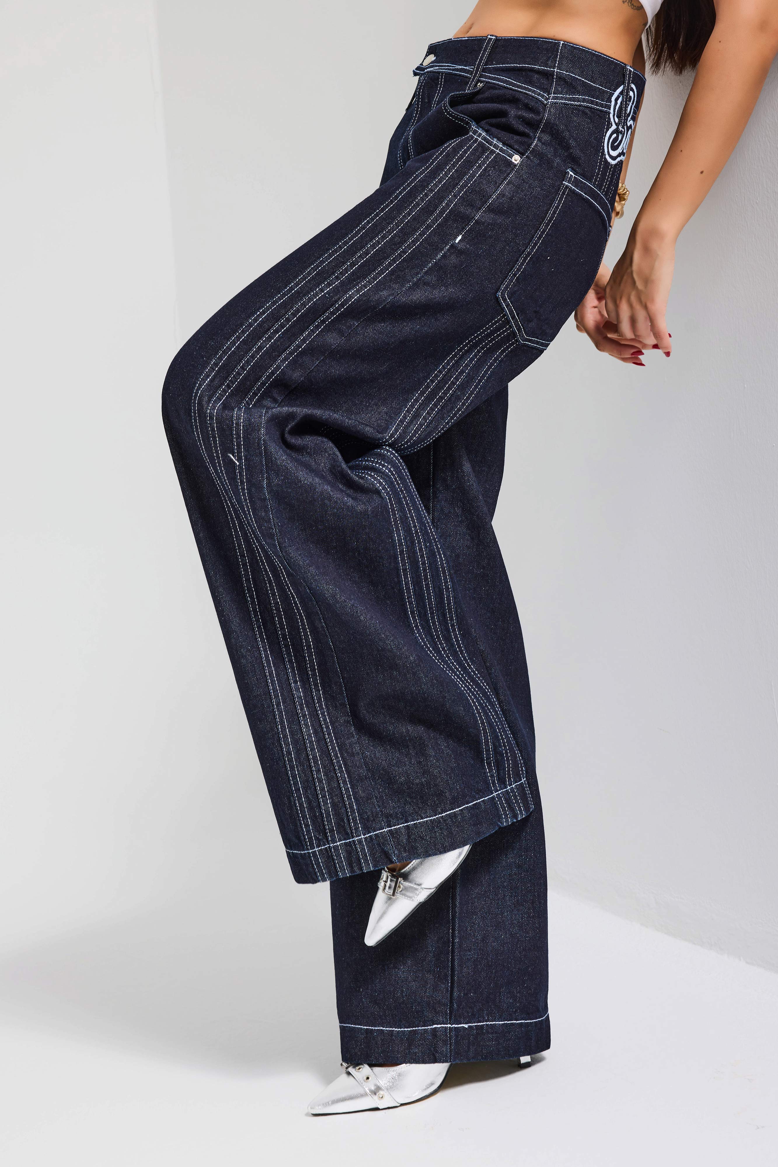 Kadın İndigo Selvedge 7s6-50 Süper Baggy Fit Nakışlı Tasarım Denim Jean