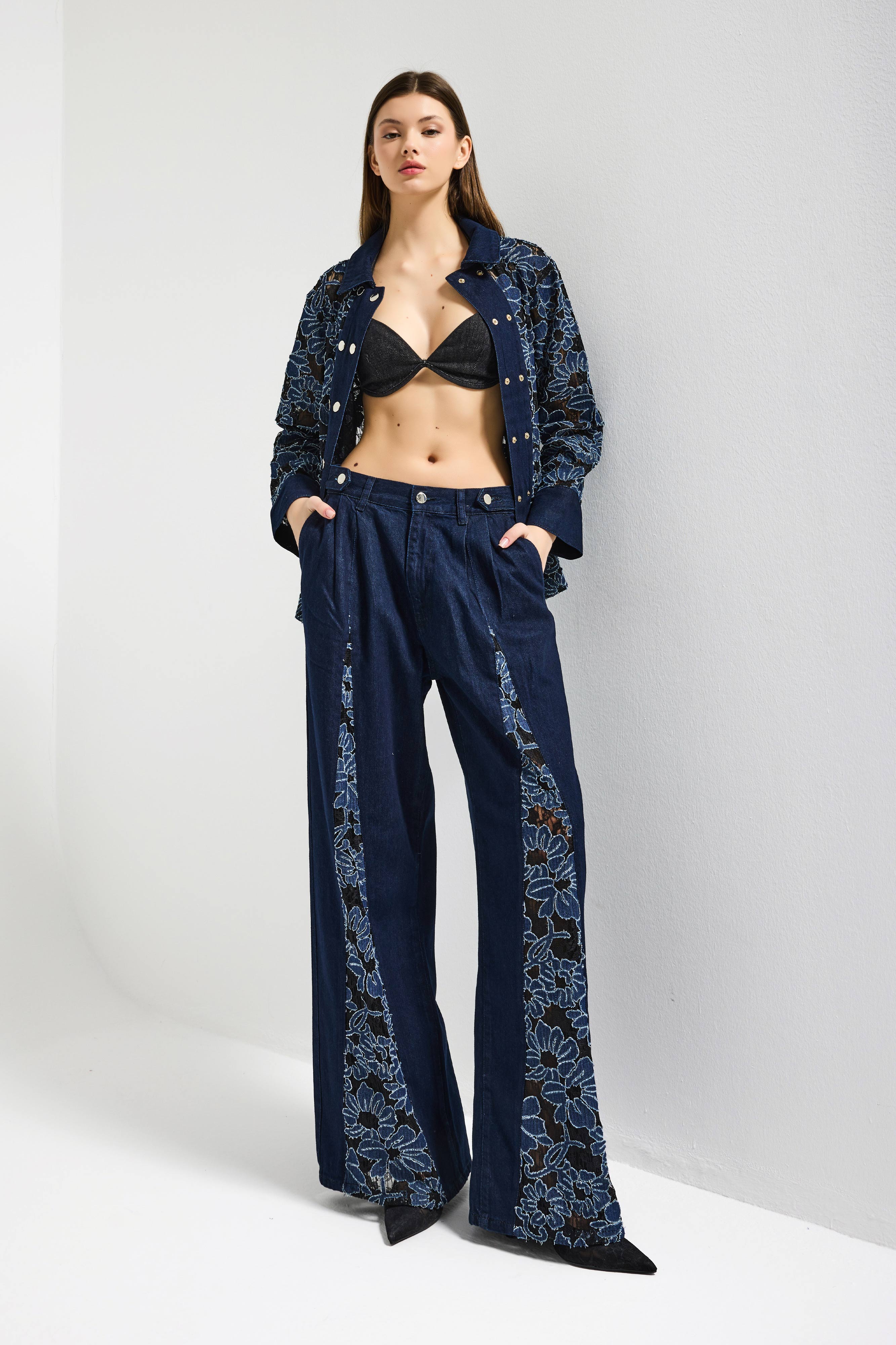 Kadın İndigo Selvedge 7s6-50 Wide Leg Dantel Nakış Detaylı Özel Tasarım Denim Jean