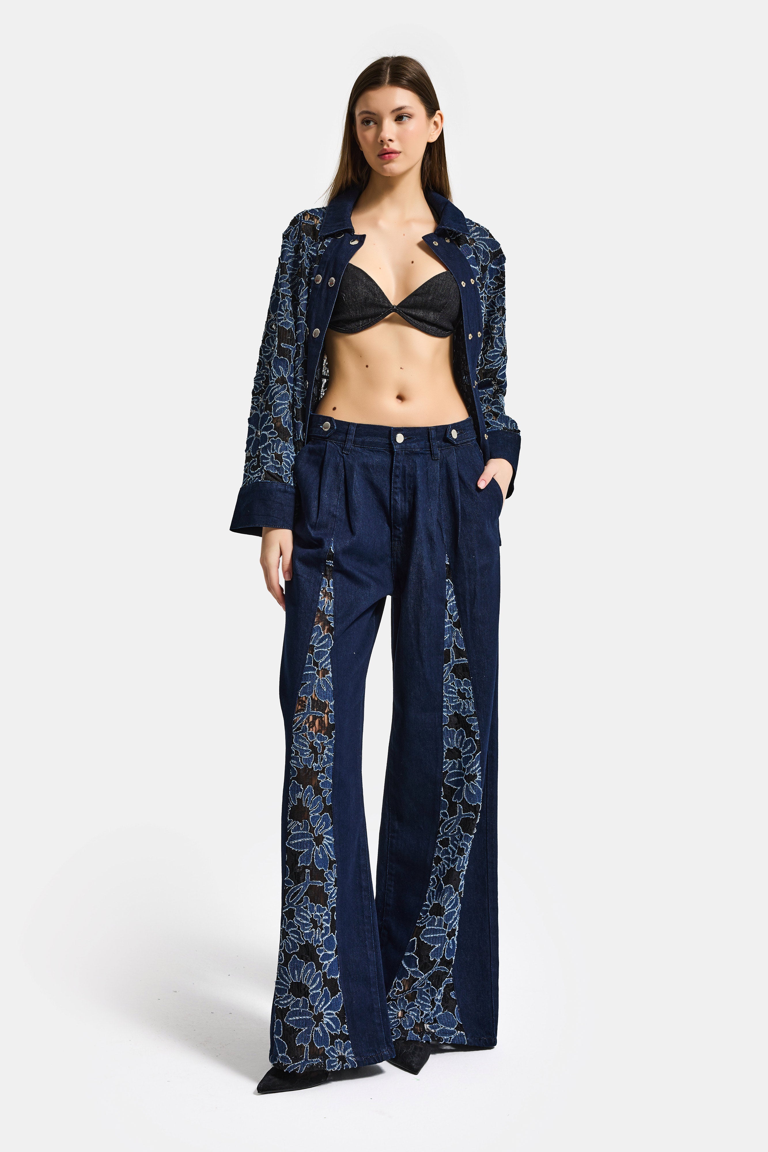 Kadın İndigo Selvedge 7s6-50 Wide Leg Dantel Nakış Detaylı Özel Tasarım Denim Jean