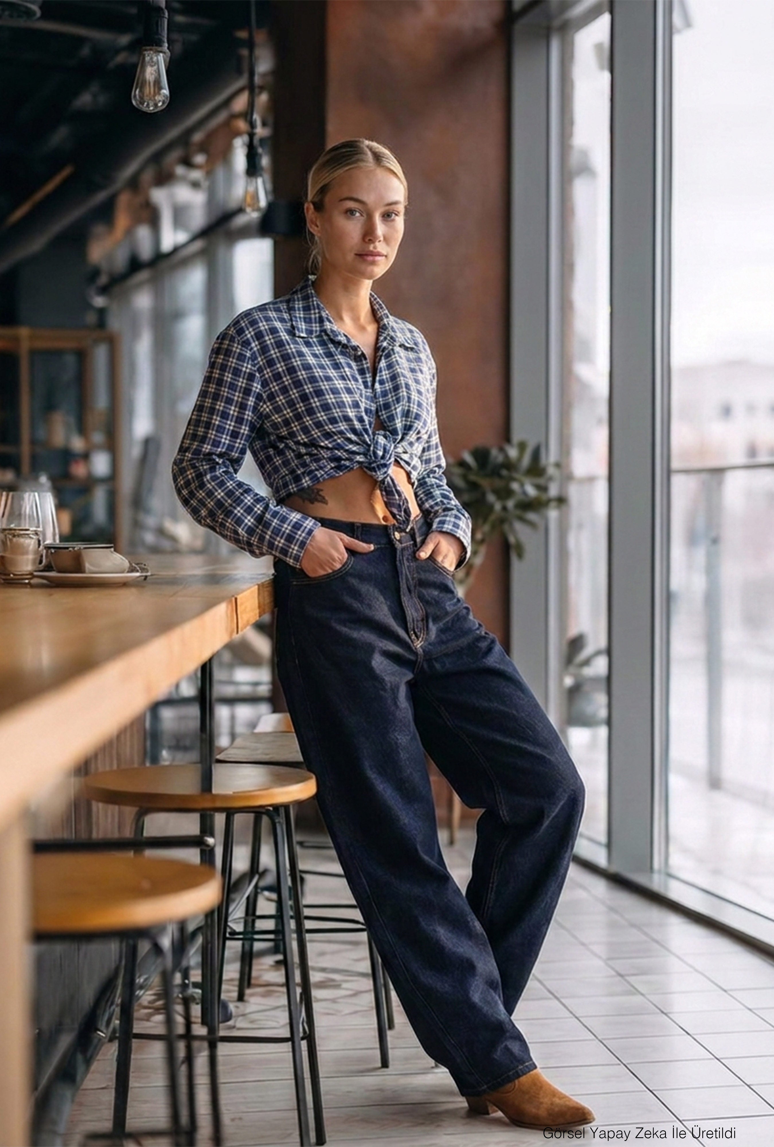 Kadın İndigo Selvedge 7w6-50 Skater Fit Bol Kesim Denim Jean