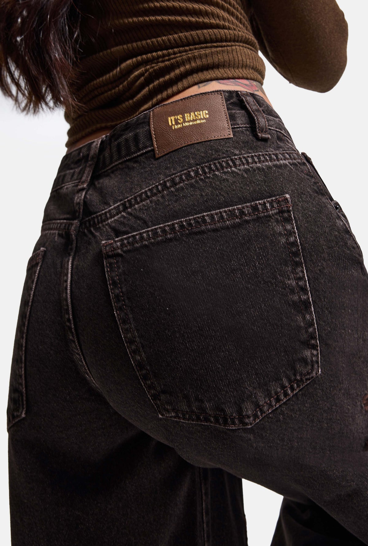 Kadın Kahve 3w6-156 Palazzo Fit Özel Desen Nakış Detaylı Tasarım Denim Jean