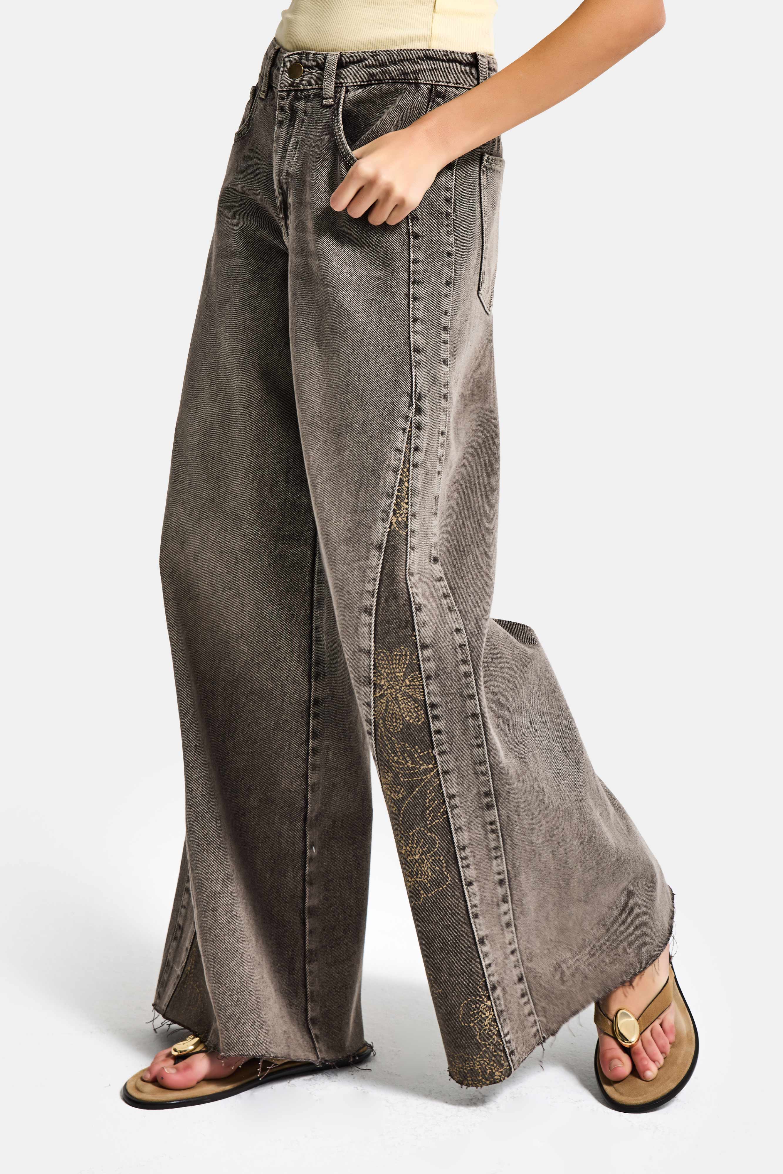 Kadın Kahve 4s6-16 Palazzo Fit Paça Desen Çiçek Nakışlı Özel Tasarım Denim Jean