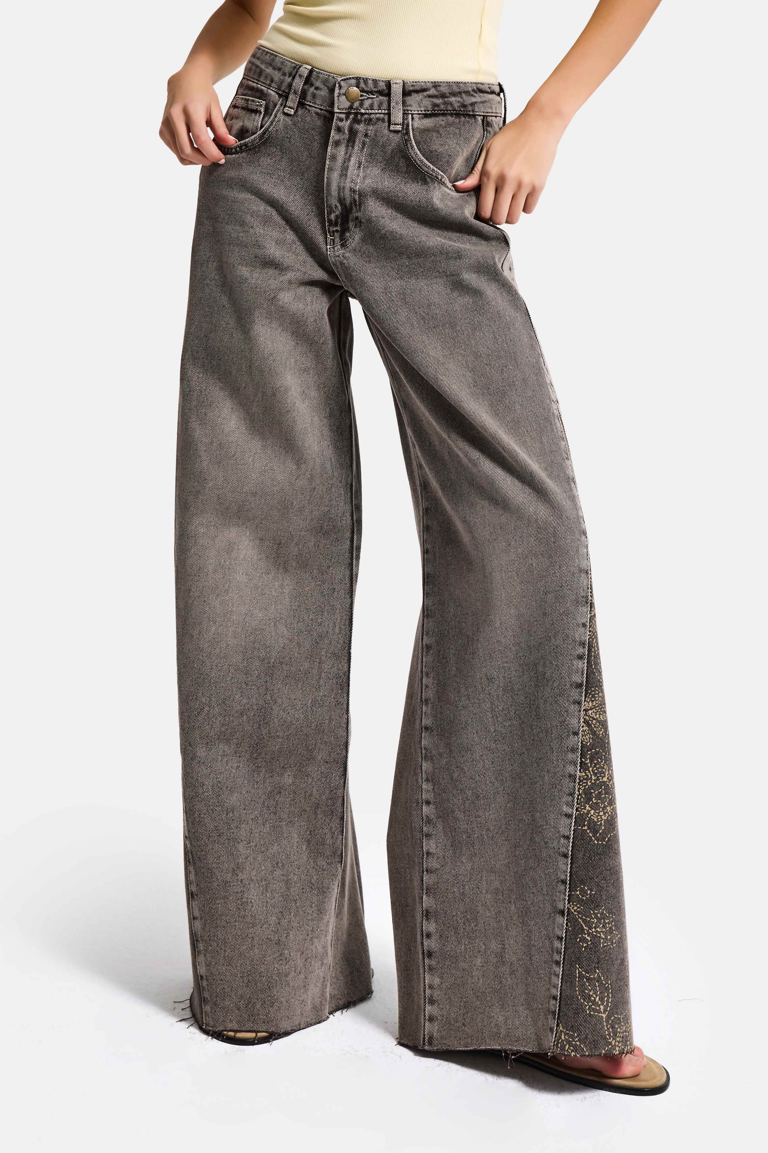 Kadın Kahve 4s6-16 Palazzo Fit Paça Desen Çiçek Nakışlı Özel Tasarım Denim Jean