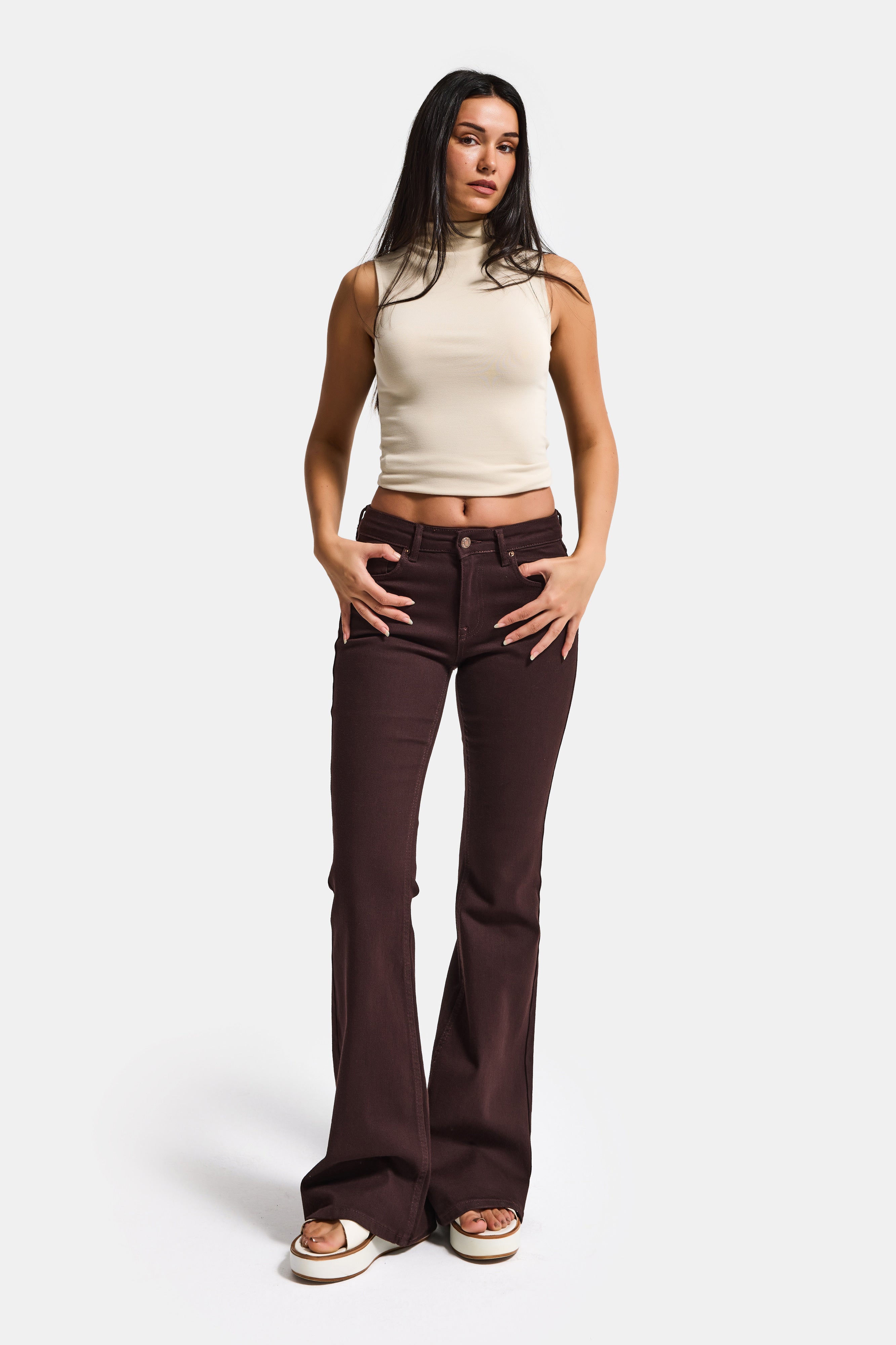 Kadın Kahve 7s6-81 Mid Rise Flare Fit Esnek Kumaş Denim Jean