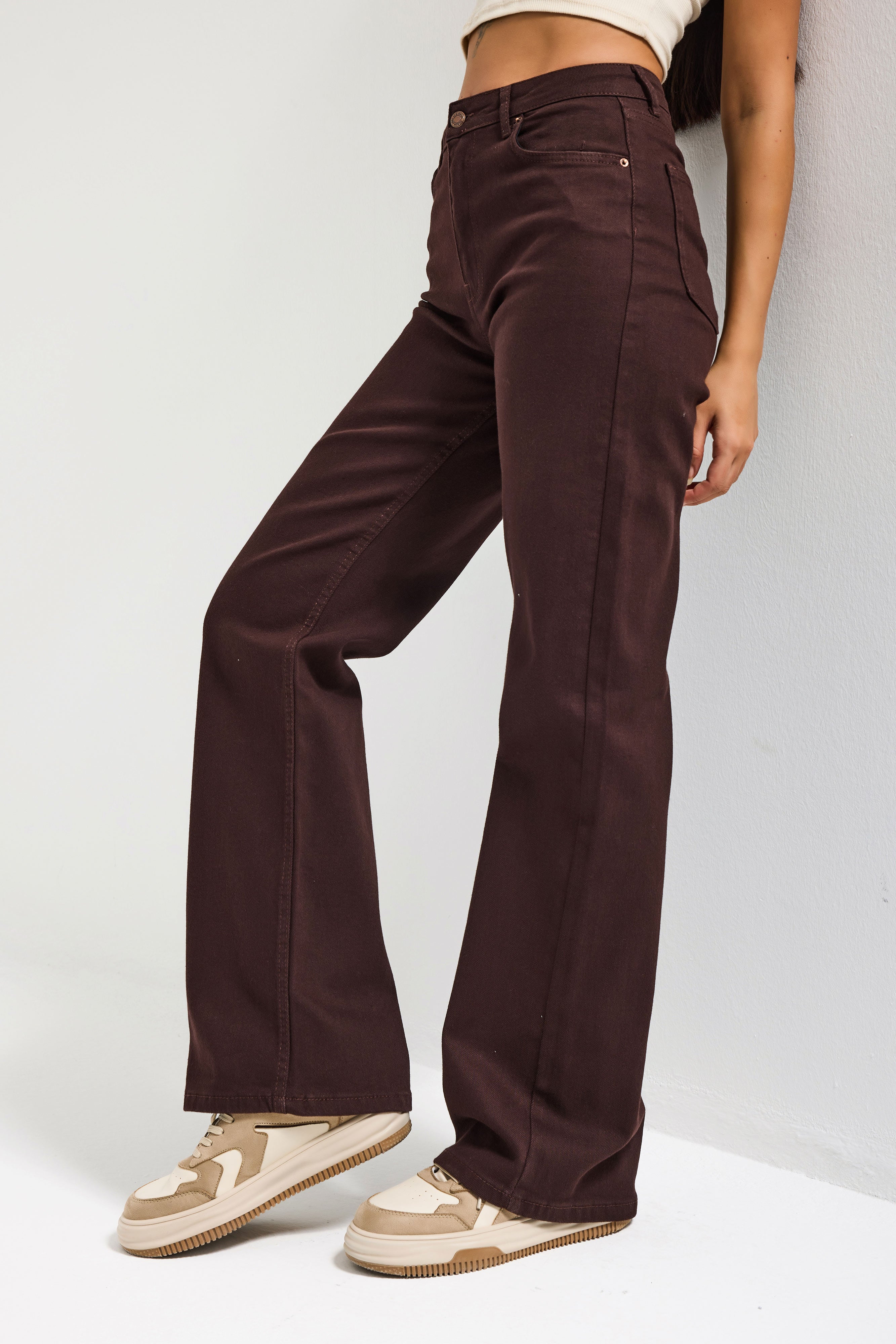 Kadın Kahve 7s6-81 Straight Fit Yüksek Bel Esnek Kumaş Denim Jean