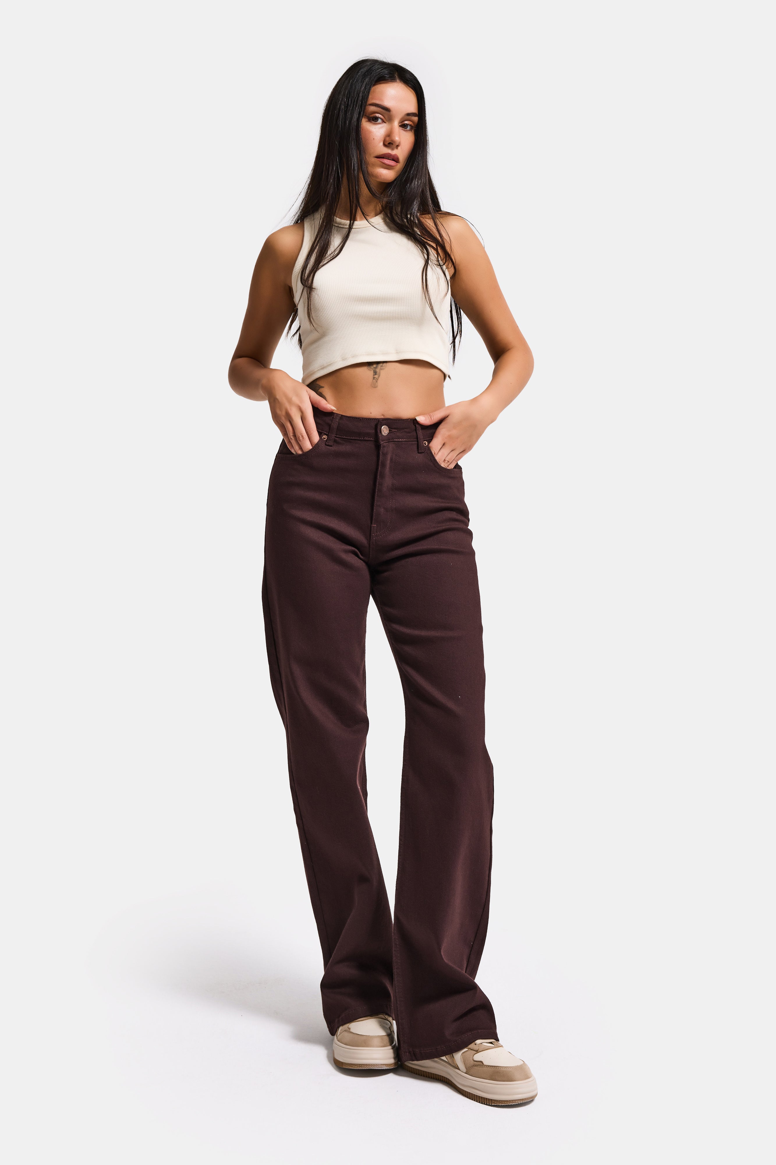 Kadın Kahve 7s6-81 Straight Fit Yüksek Bel Esnek Kumaş Denim Jean