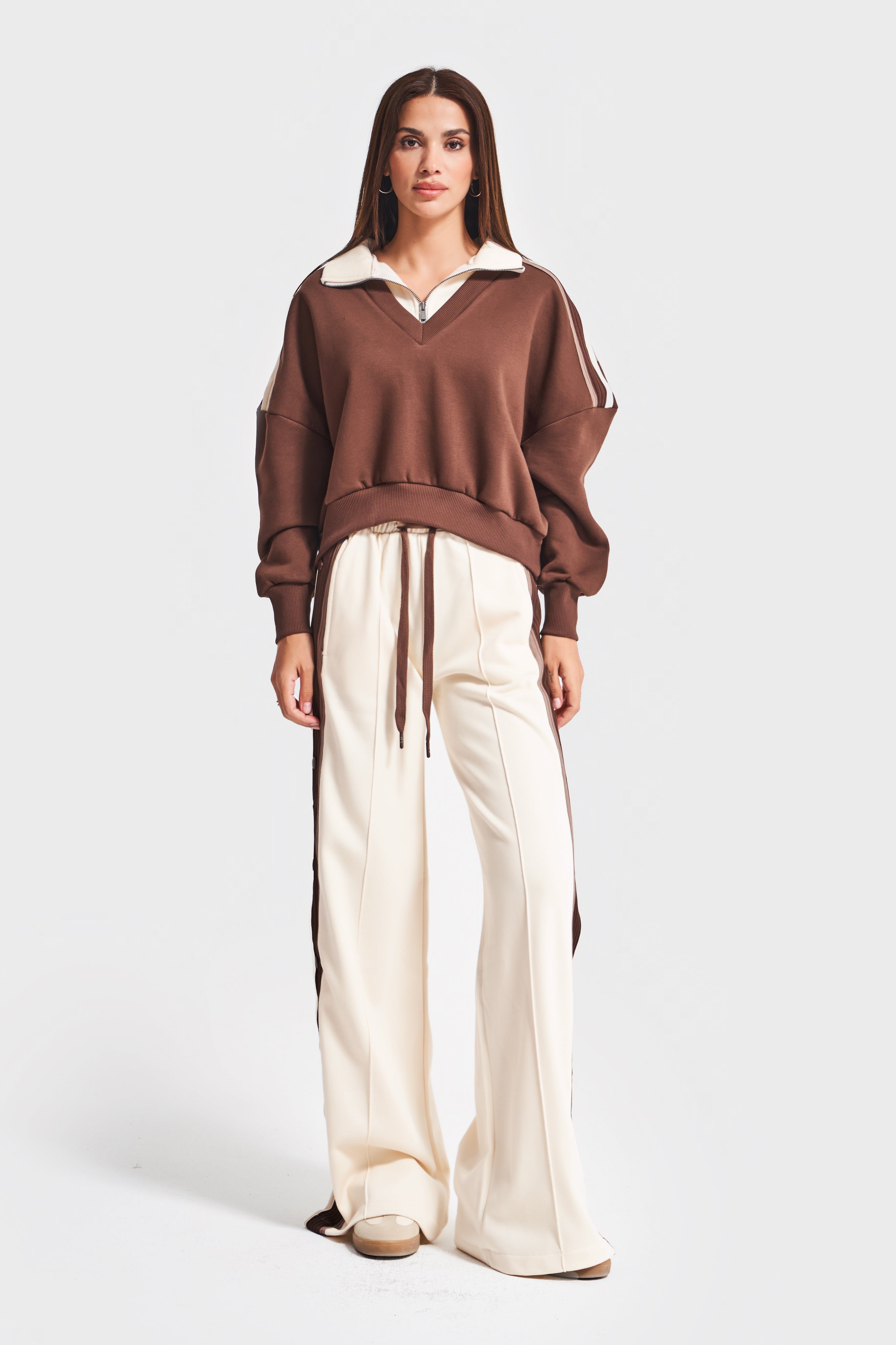 Kadın Kahve Bej w5-16 Sweatshirt ve Eşofman Pantolon 2'li Kombin Tasarım Takım