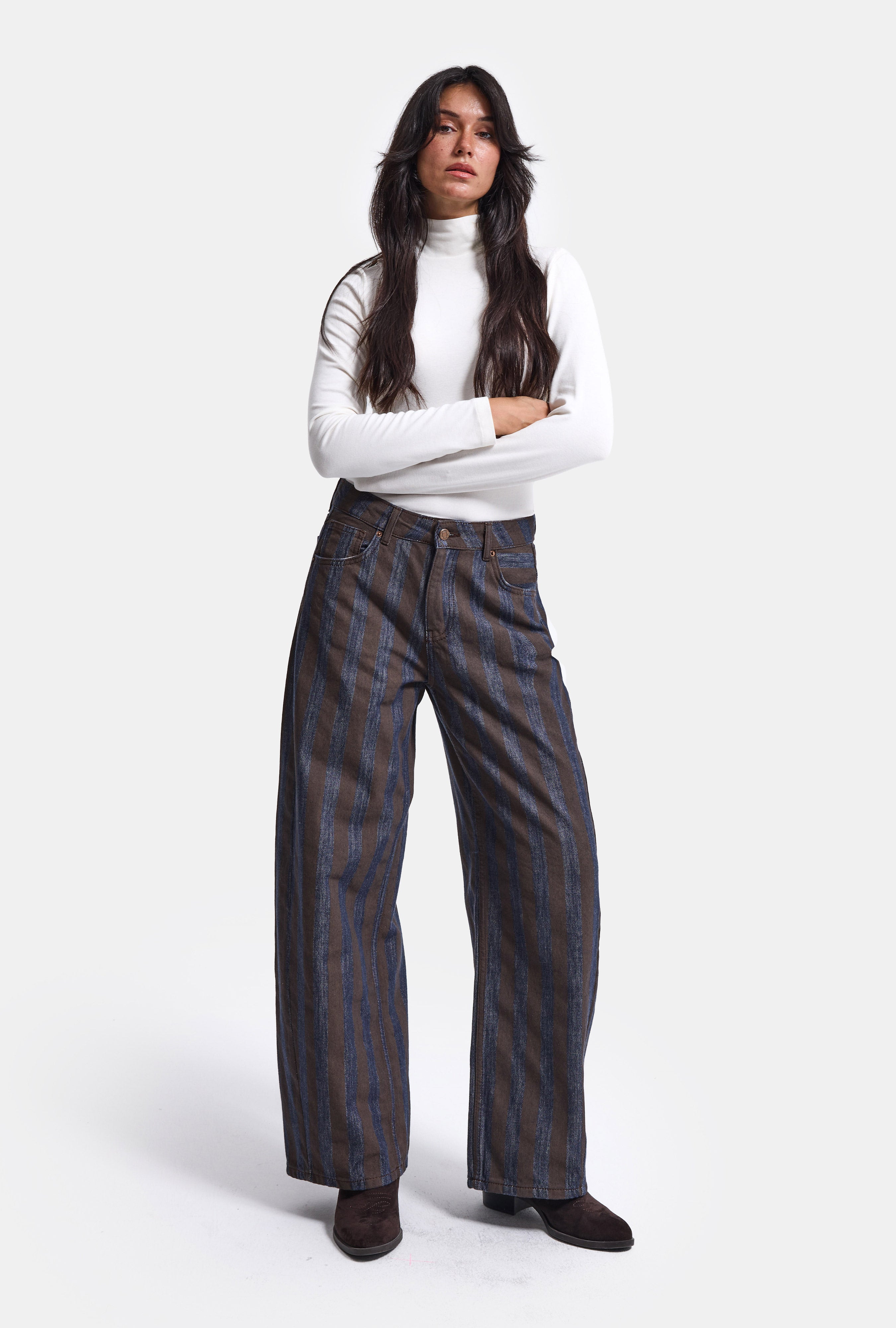 Kadın Kahve Çizgili 1w6-7 Barrel Fit Bol Kesim Tasarım Denim Pantolon