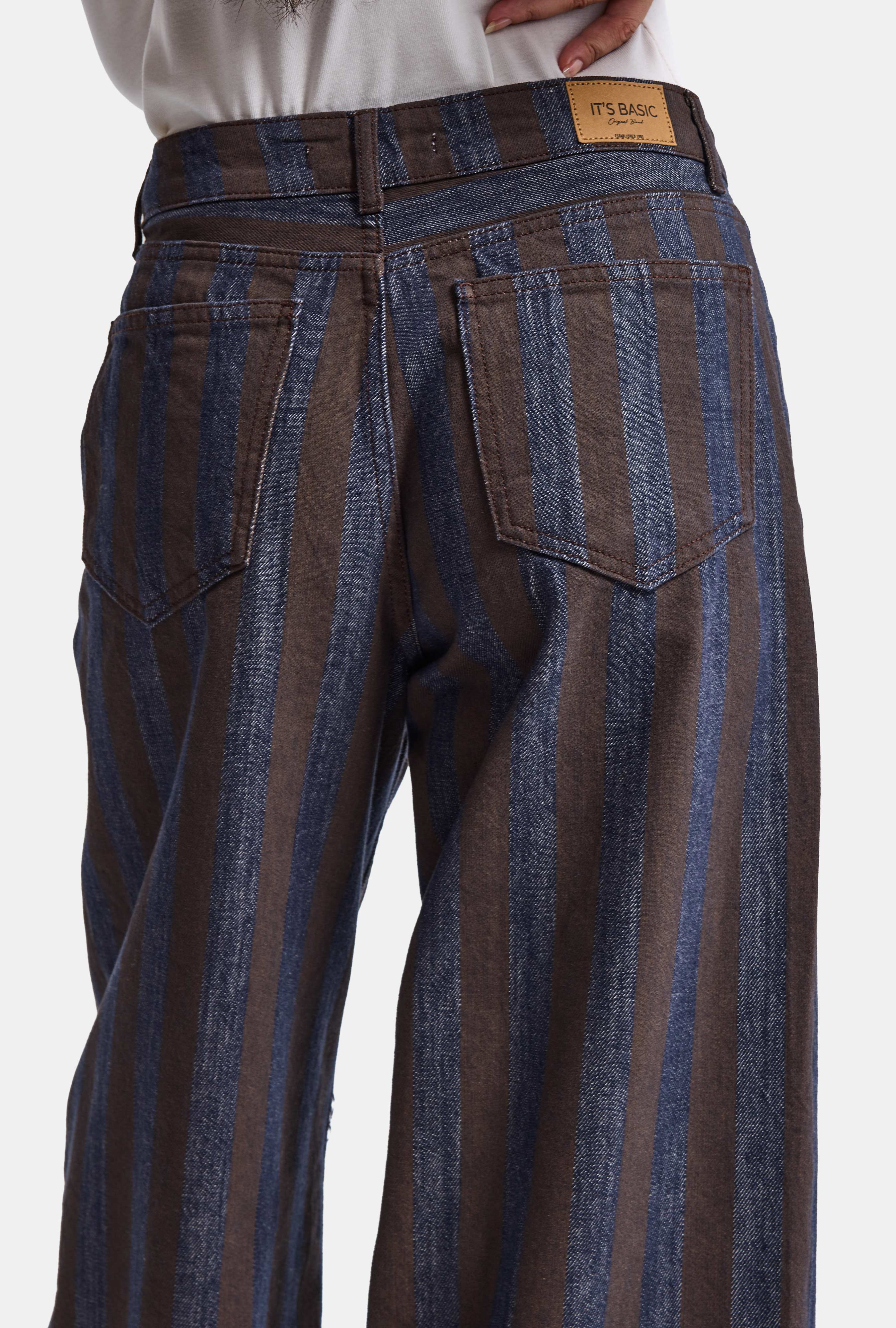 Kadın Kahve Çizgili 1w6-7 Barrel Fit Bol Kesim Tasarım Denim Pantolon